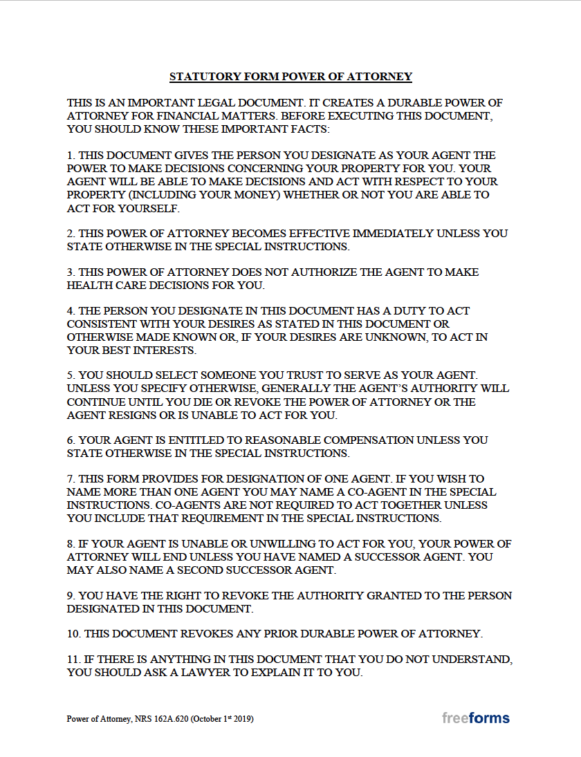 Free Nevada Power Of Attorney Forms PDF