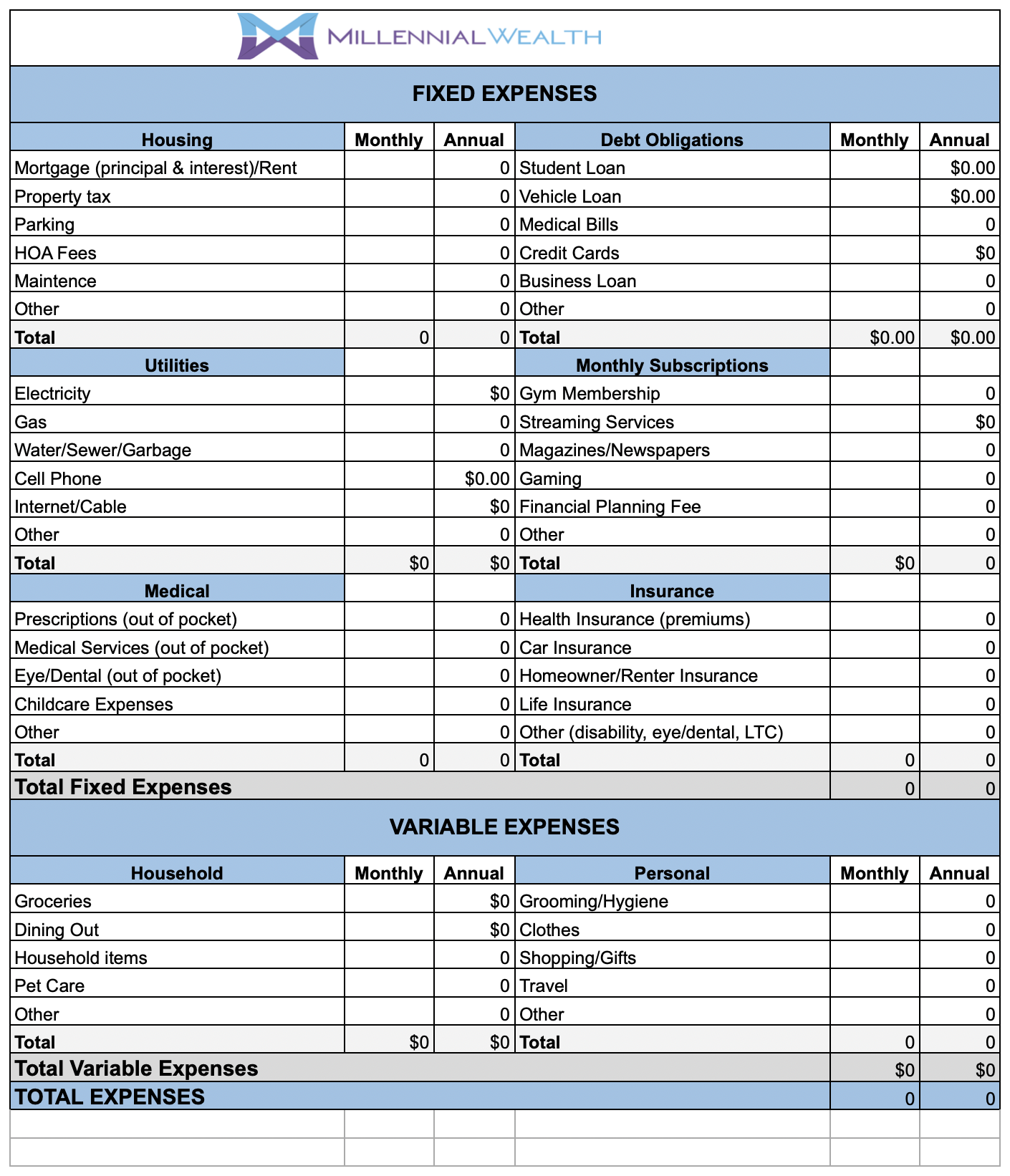 Income Expense Worksheet Printable