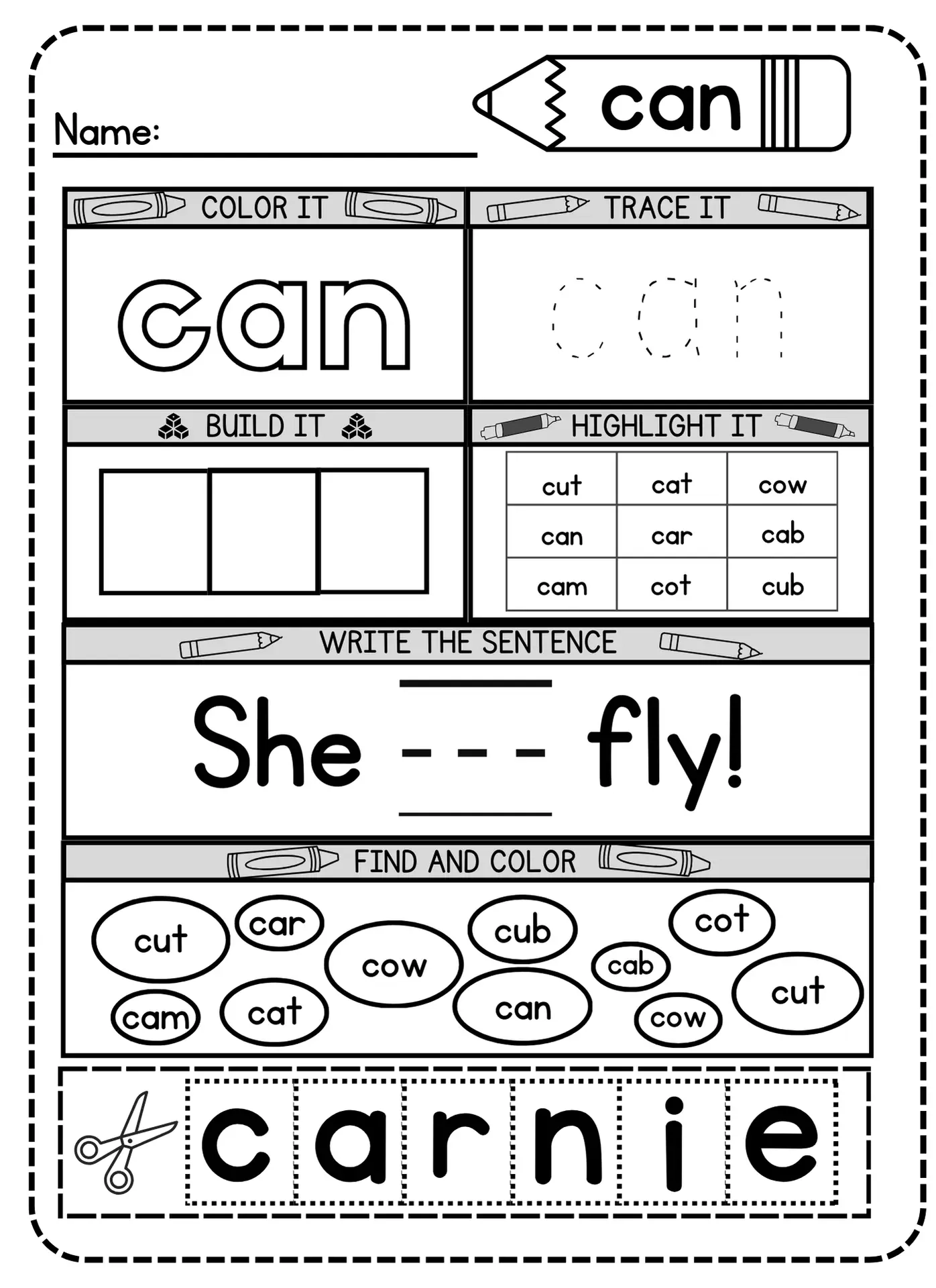 Free Printable Can Sight Word Worksheet For Kindergarten Simple 