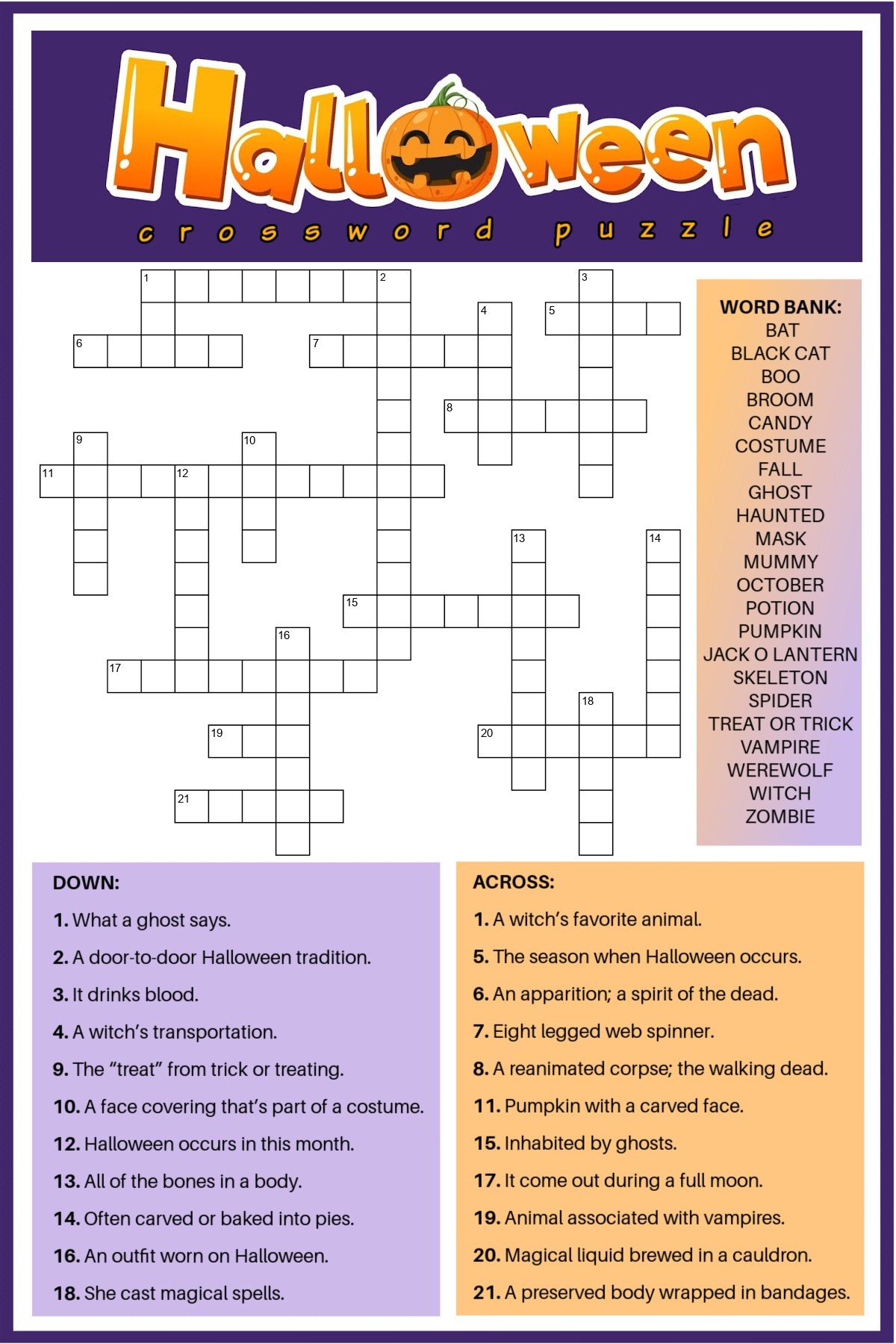 Printable Halloween Crossword Puzzles