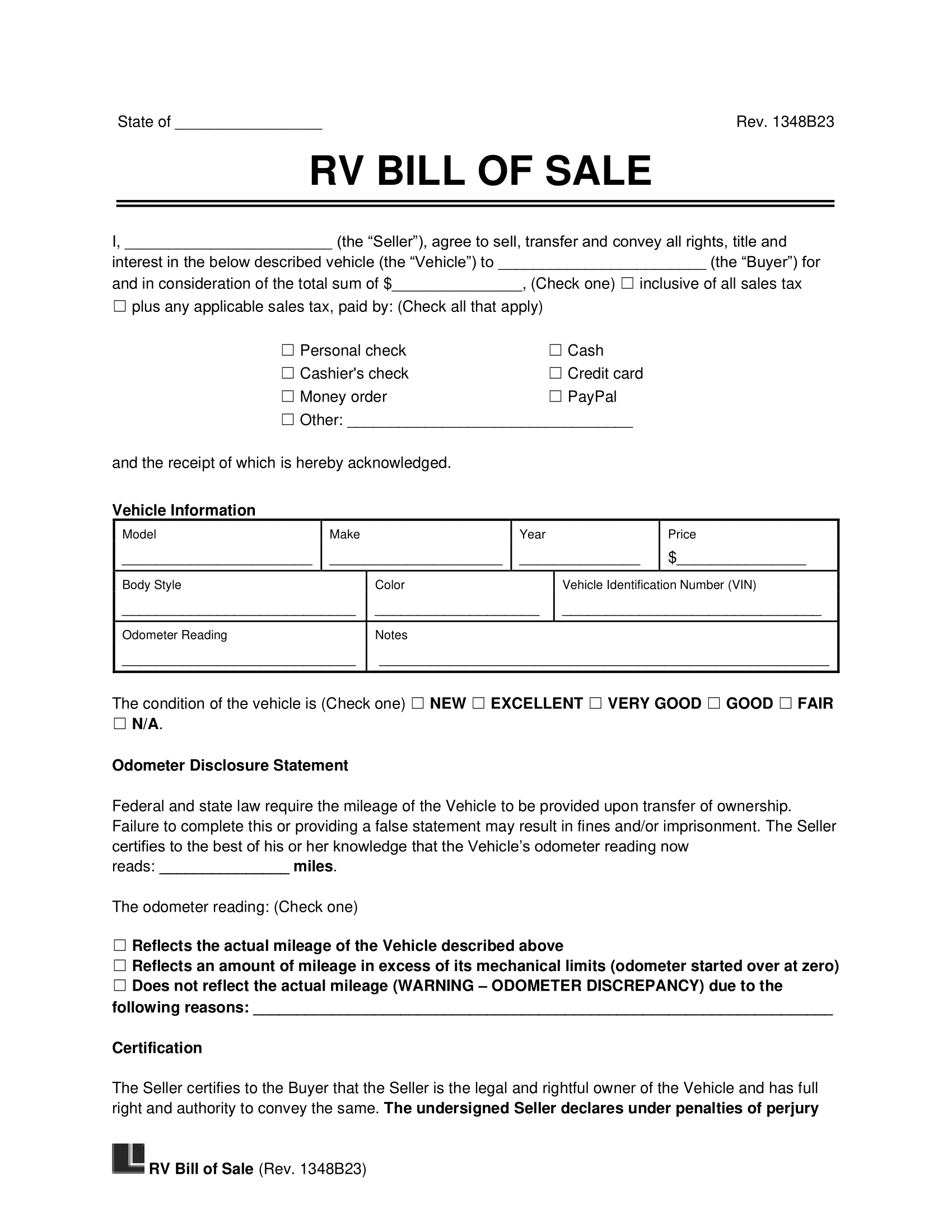 Free Recreational Vehicle RV Bill Of Sale Template PDF amp Word