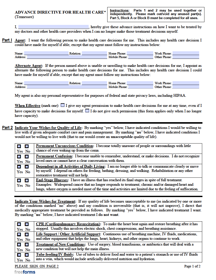 Free Tennessee Advance Directive Form Medical POA amp Living Will 