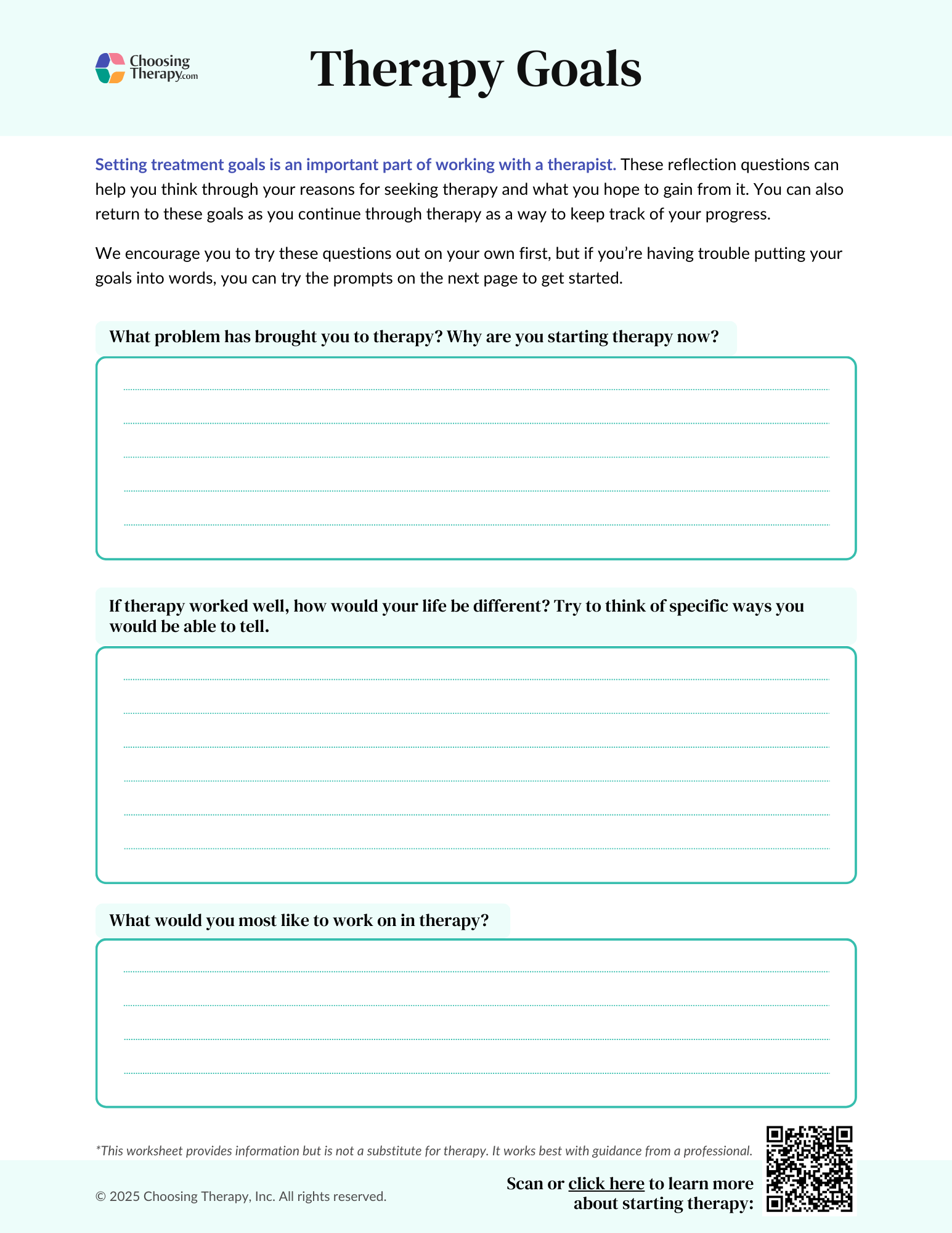 Free Therapy Goals Worksheet Printable PDF ChoosingTherapy