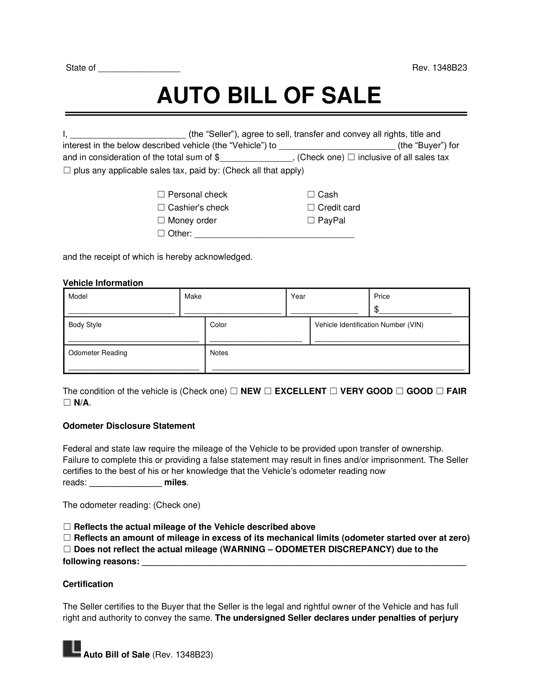 Free Vehicle Bill Of Sale Template PDF amp Word