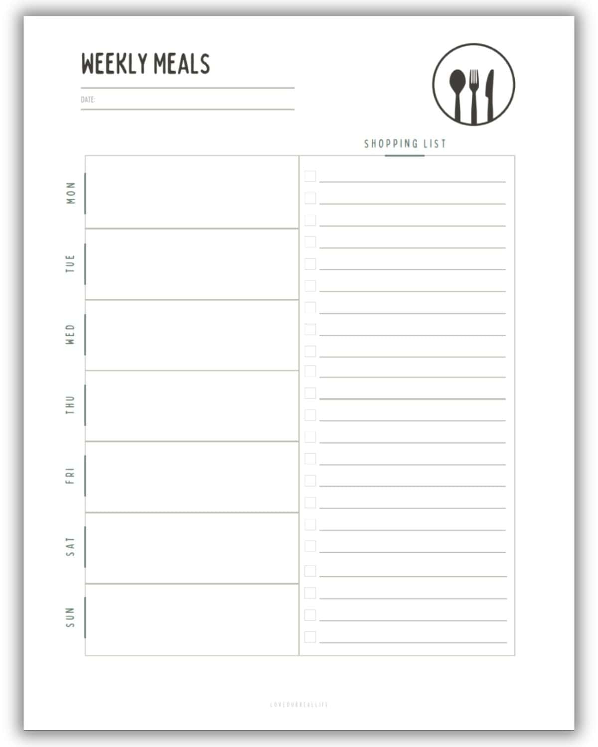 Weekly Menu Printable Template