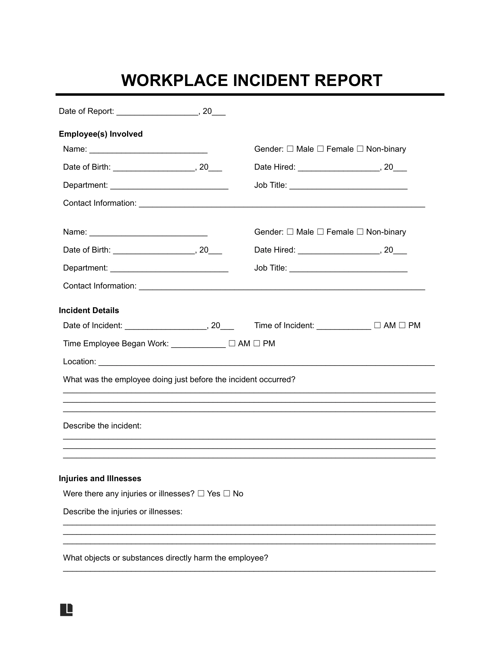 Printable Incident Report Template
