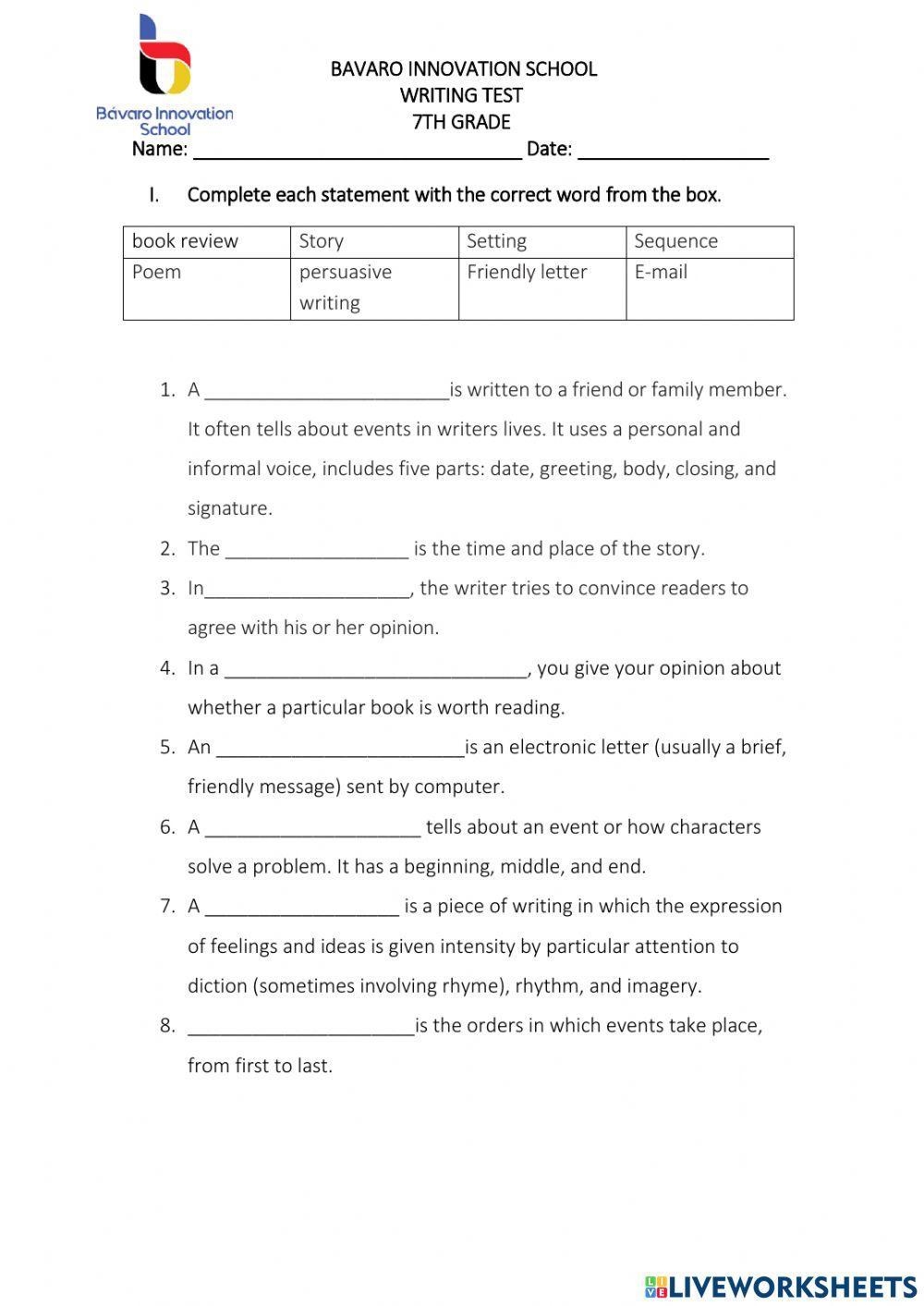 Free Writing Worksheet For 7th Graders Download Free Writing 