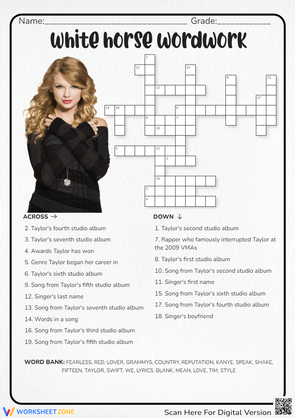 Grade 1 Taylor Swift Crossword Worksheets amp Printable