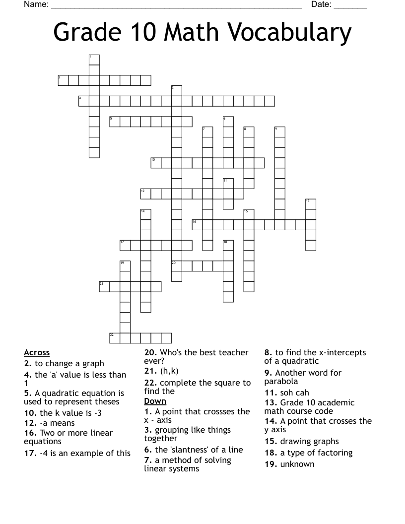 Grade 10 Math Vocabulary Crossword WordMint