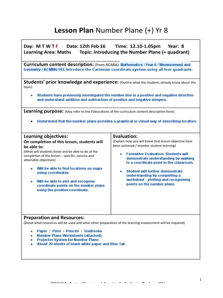 Grade 8 Cartesian Plane Lesson Plan PDF Cartesian Coordinate 