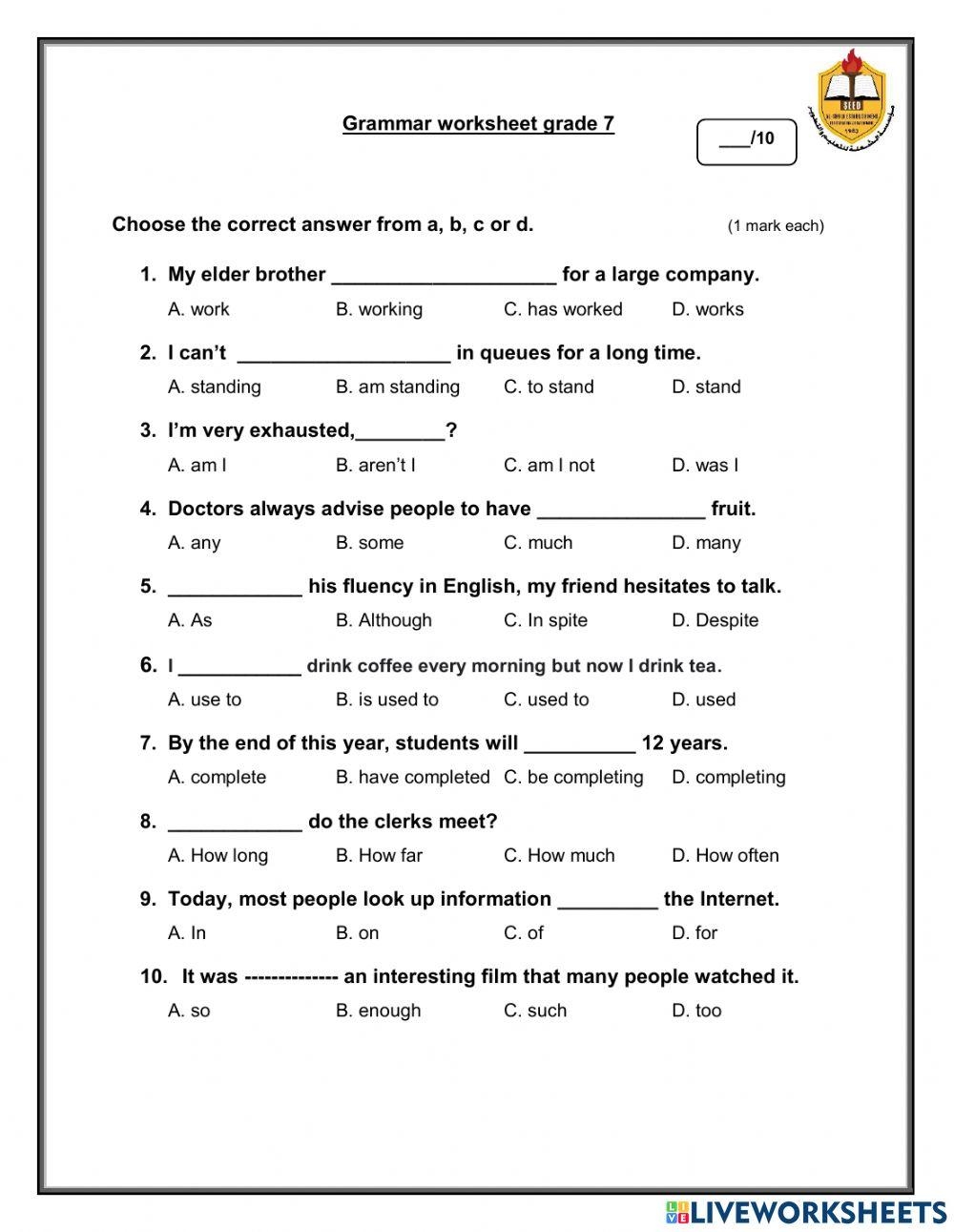 Grammar Worksheet Grade 7 Worksheet Worksheets Library