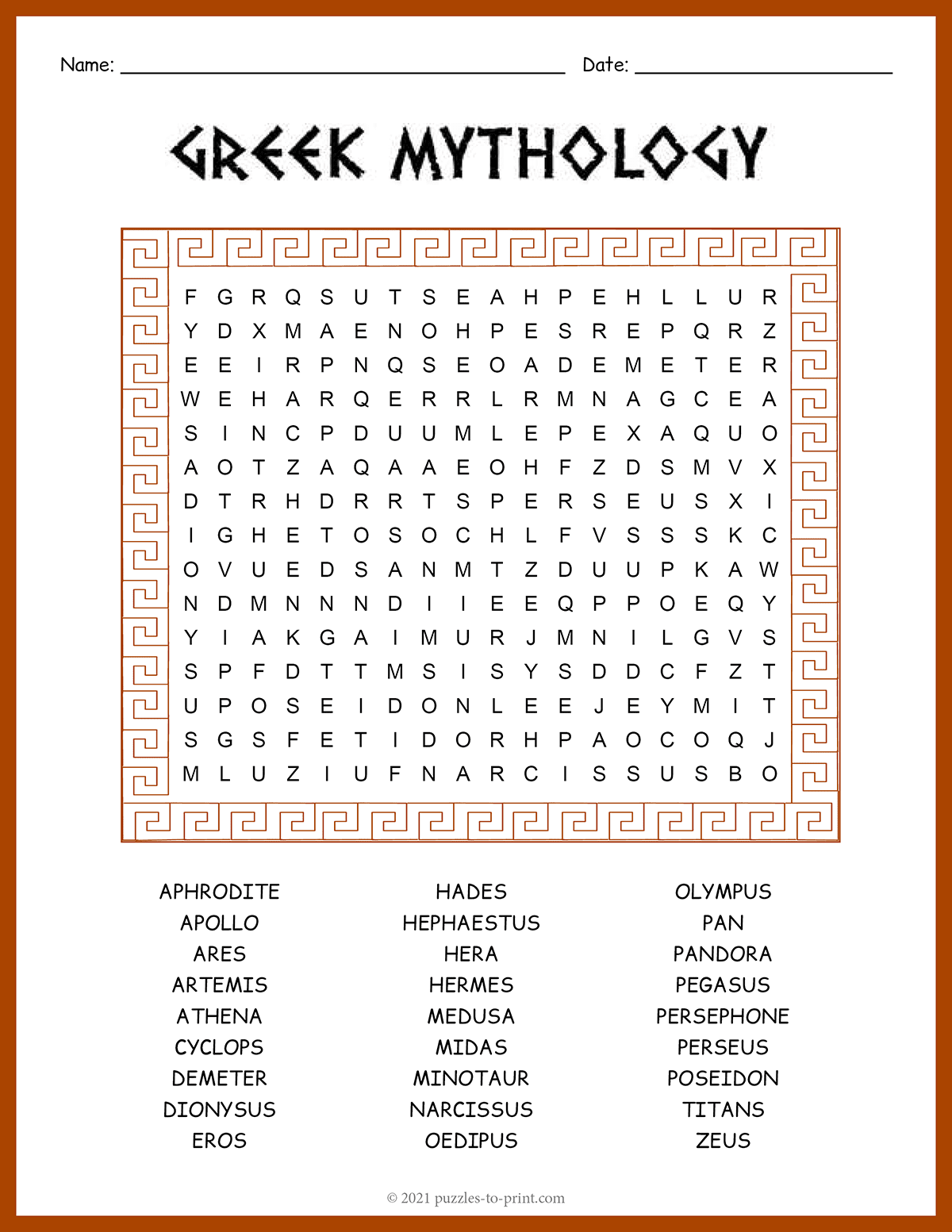 Free Printable Greek Mythology Crossword