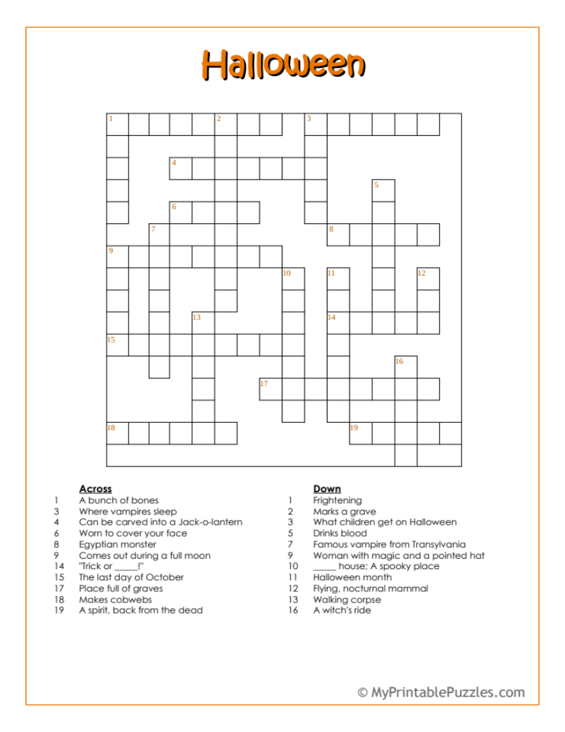 Printable Halloween Crossword Puzzles Free