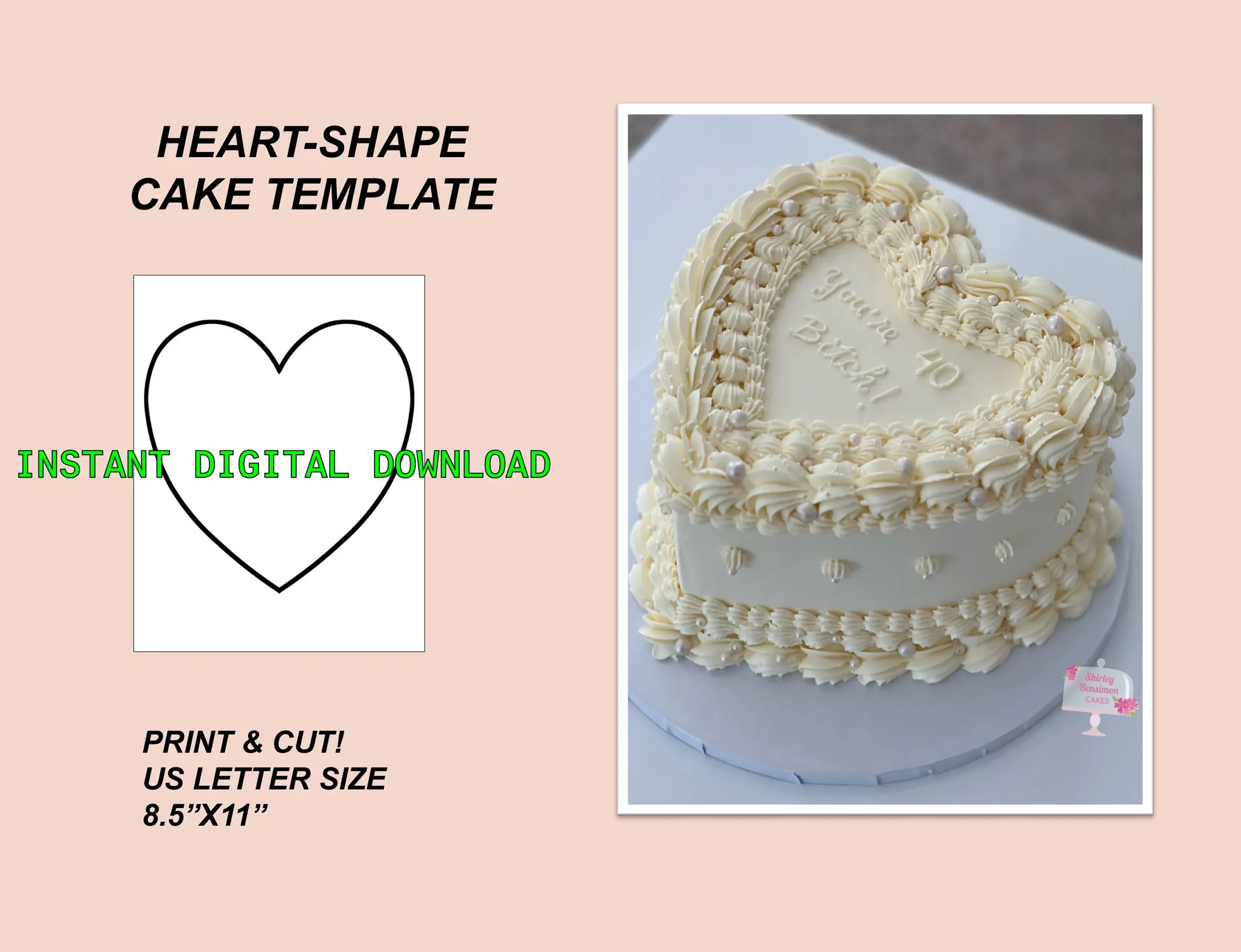 Heart shape Cake Template printable Instant Digital Download 