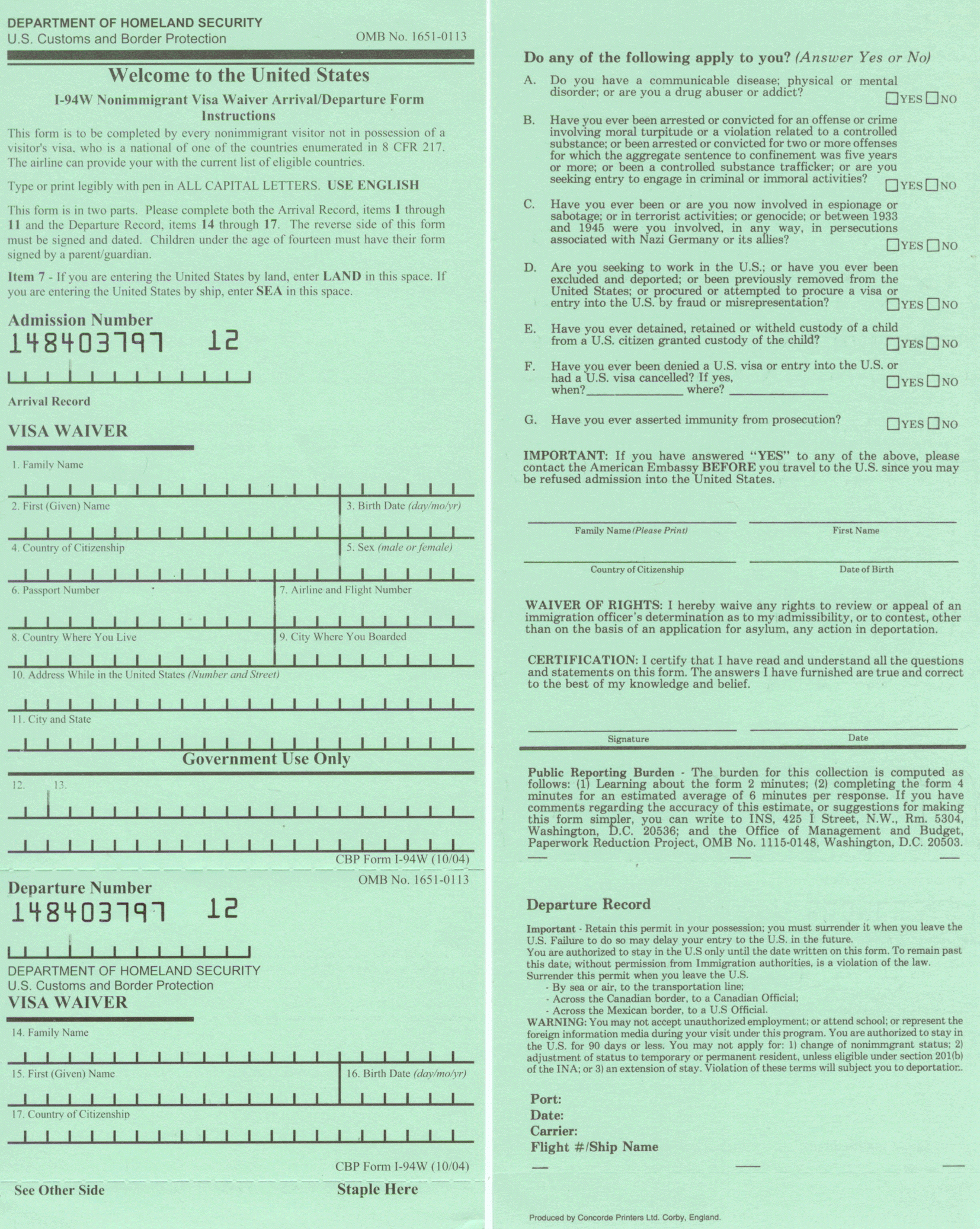 I 94 Immigration Form Sample Printable