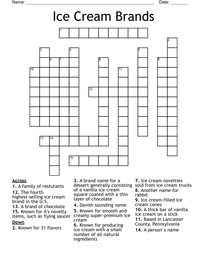 Ice Cream Brands Crossword WordMint