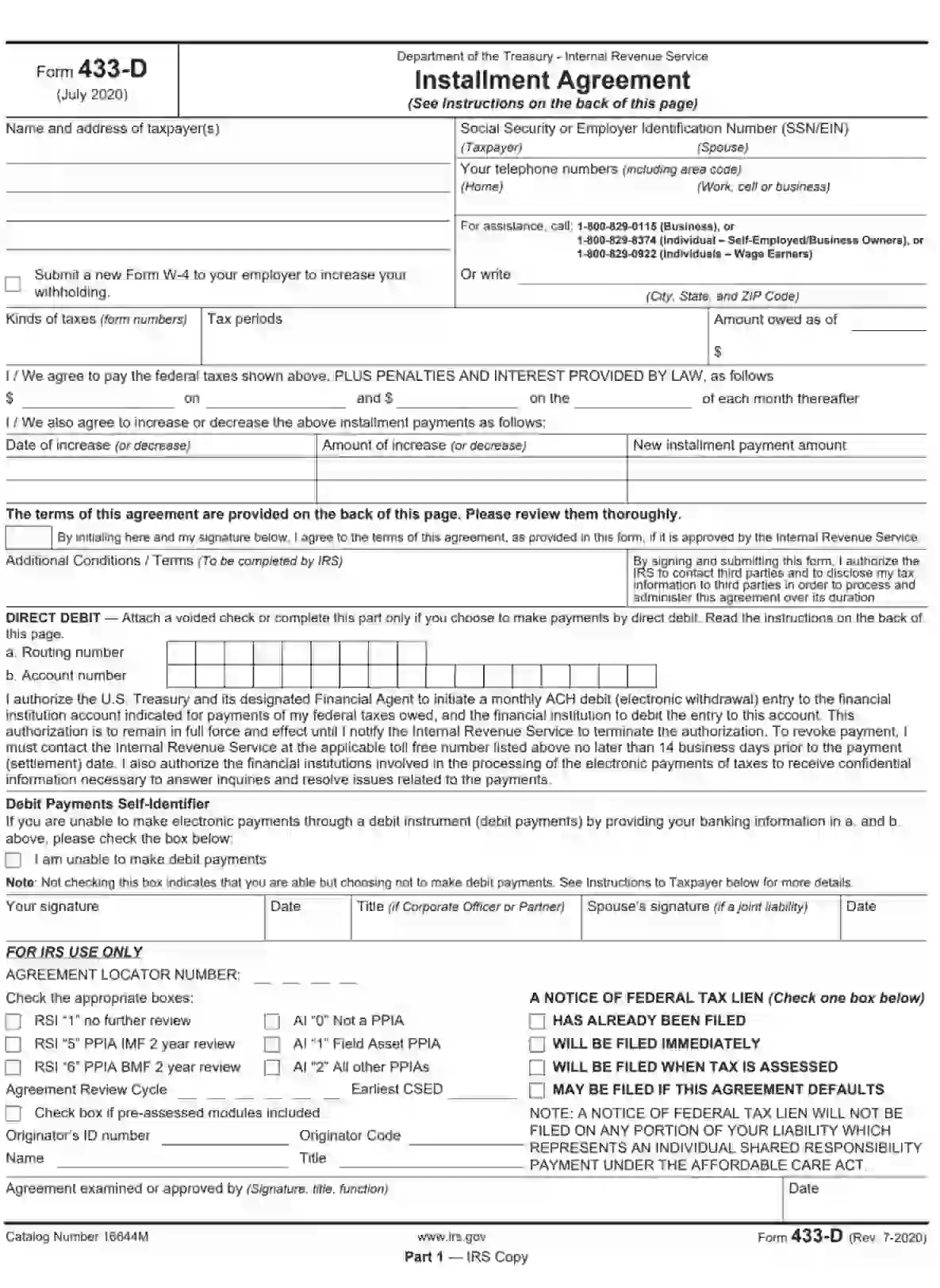 IRS Form 433 D Fill Out Printable PDF Forms Online