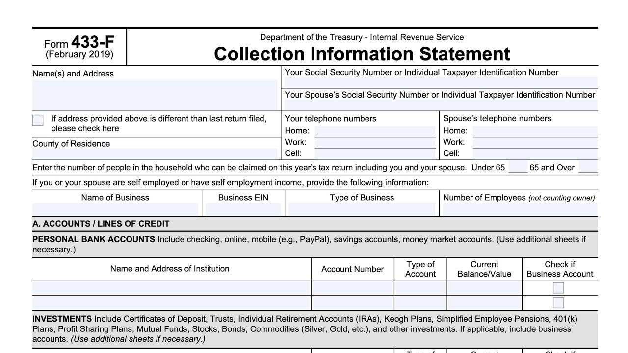 IRS Form 433 F Walkthrough Collection Information Statement 