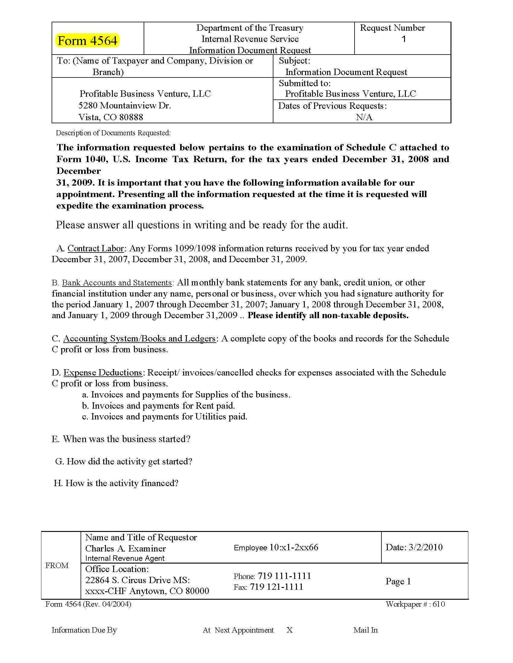 IRS Form 4564 Information Document Request TaxHelpAudit