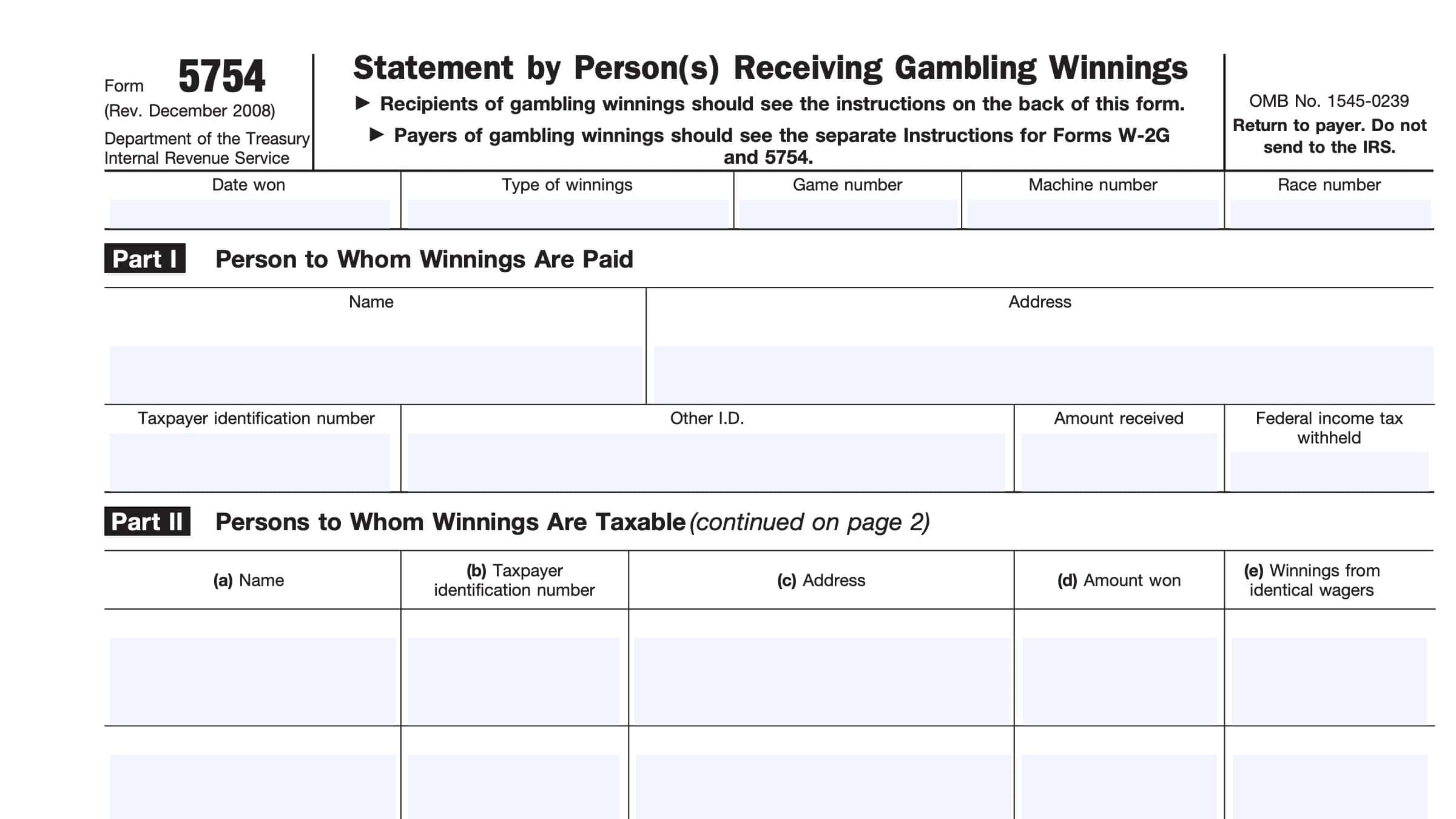 IRS Form 5754 Instructions Reporting Gambling Winnings
