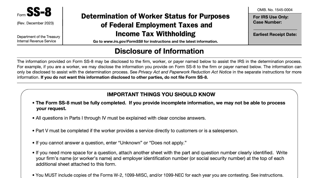 IRS Form SS 8 Walkthrough Determination Of Worker Status For Federal Tax Purposes 