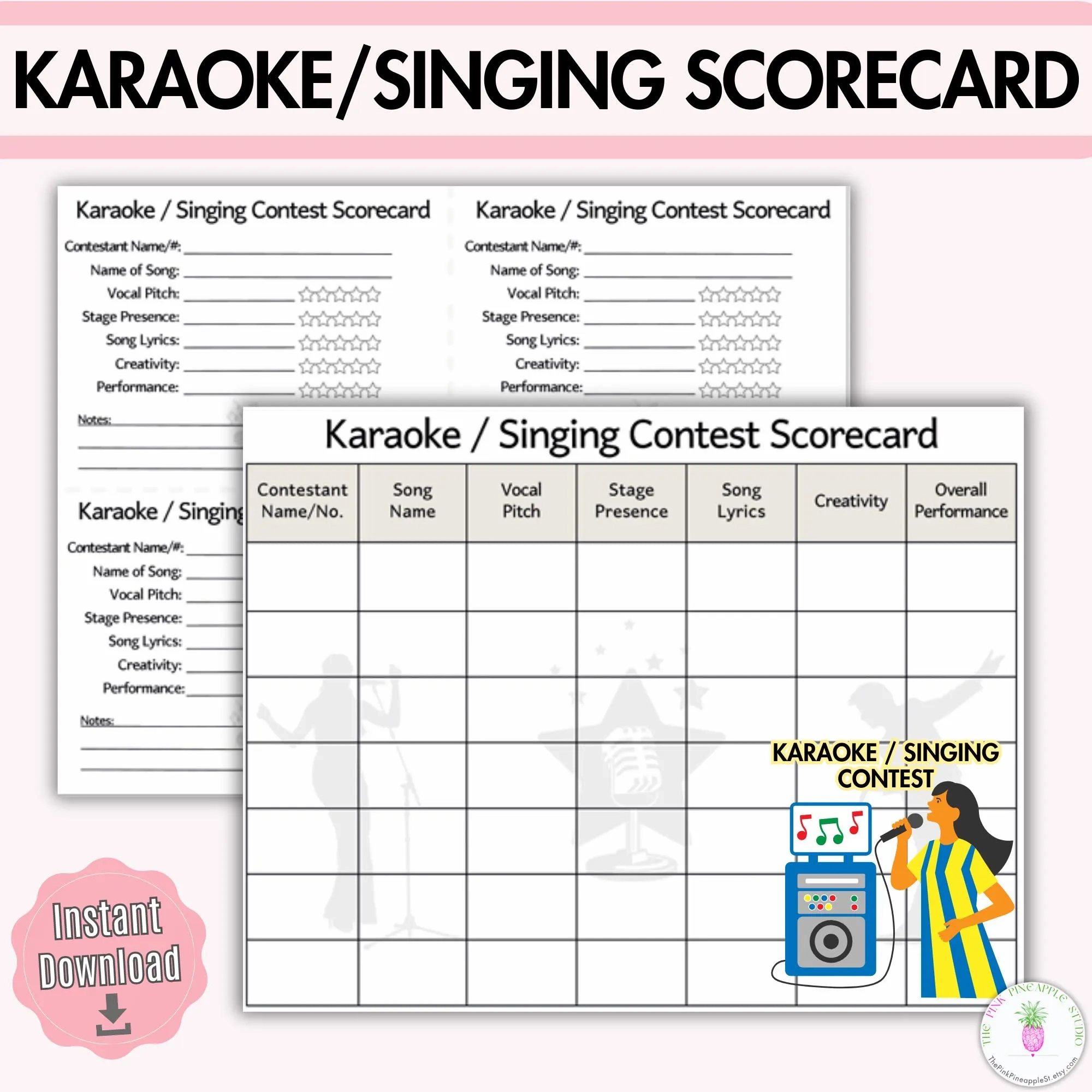 Karaoke Singing Contest Scorecard Printables Talent Show Judging 