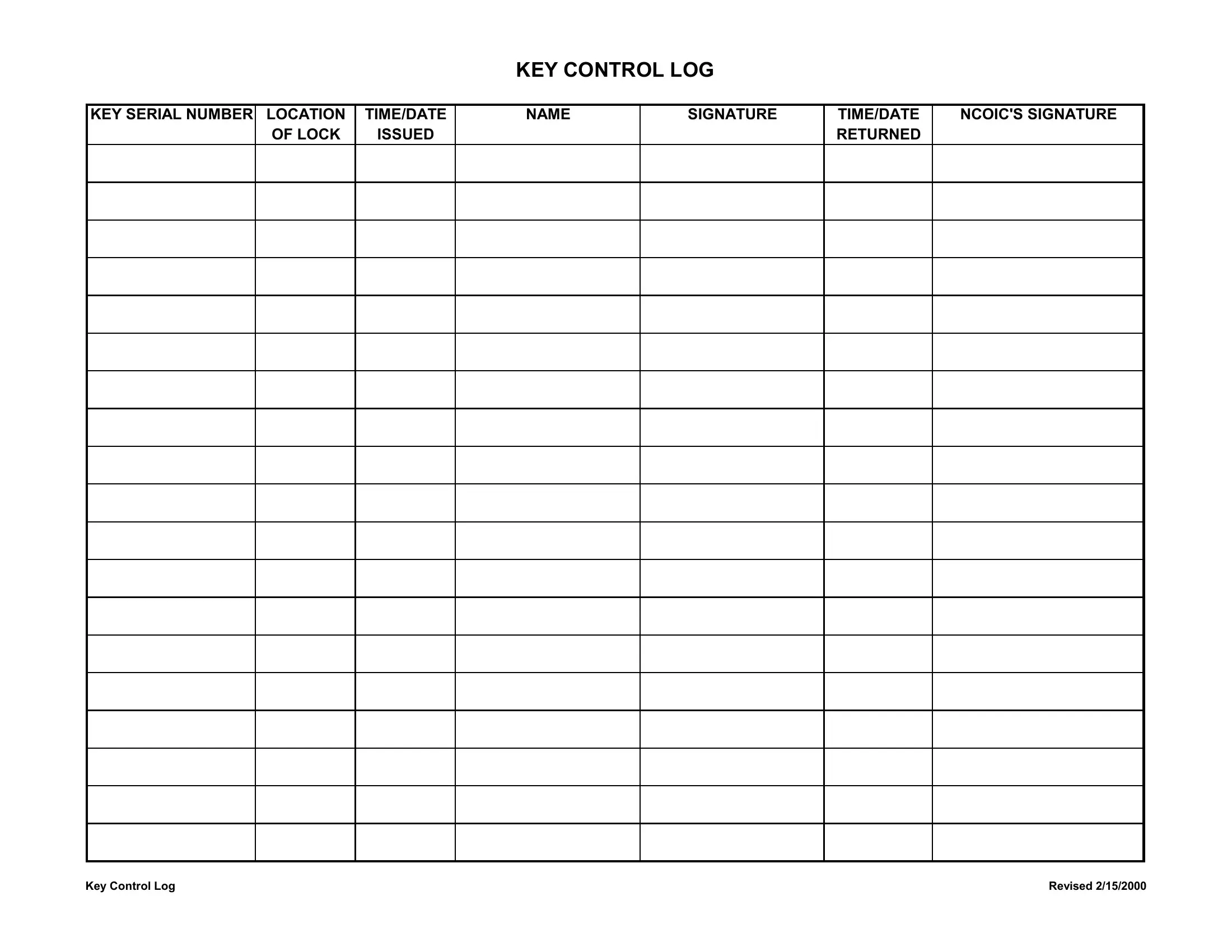 Key Control Log Form Fill Out Printable PDF Forms Online