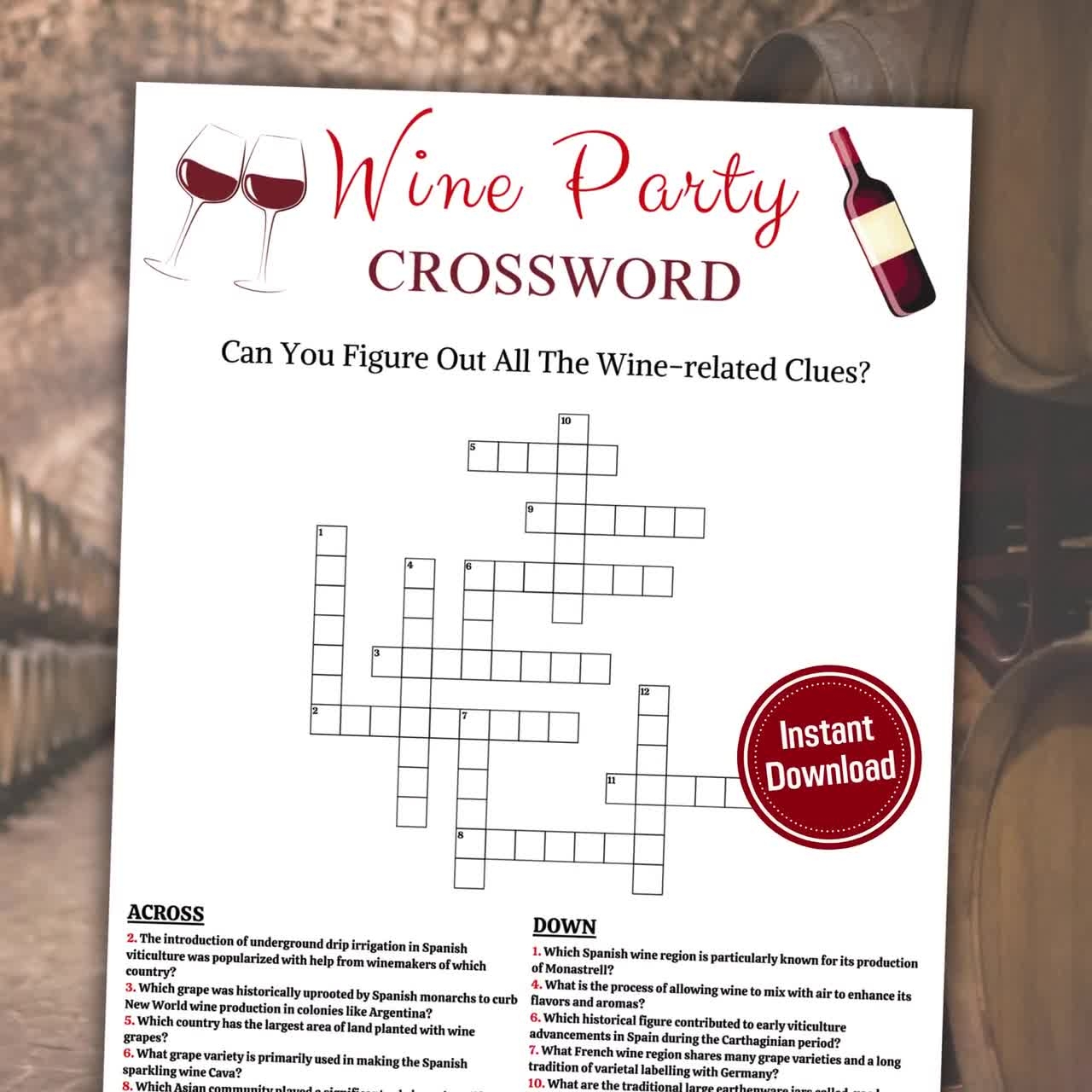 Kruiswoordraadselspel Wijn Kruiswoordpuzzel Wijn Wijn Afdrukbaar Wijnfeest Triviaspel Woordspel Wijn Wijnfeest Direct Downloaden