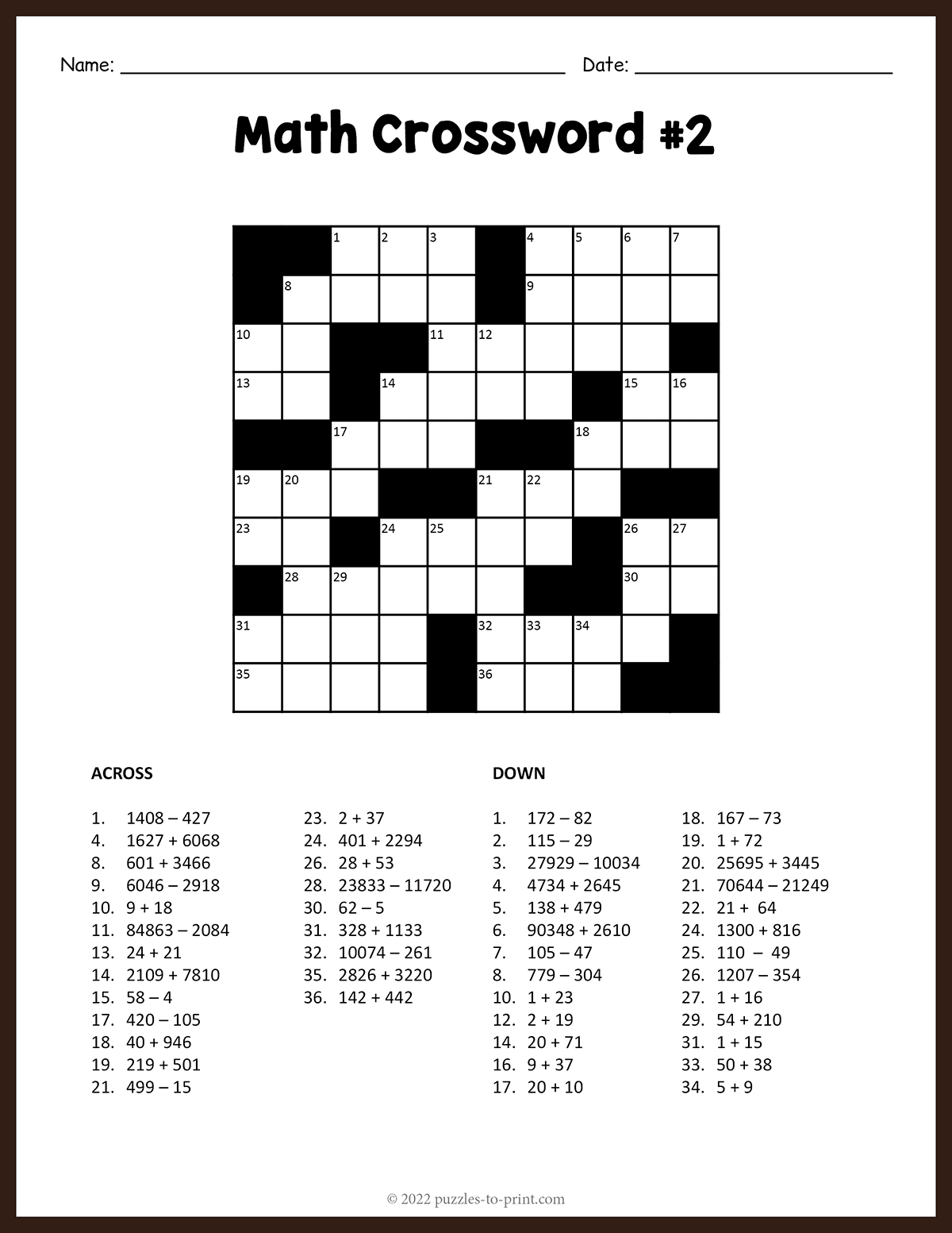 Algebra 2 Crossword Puzzles Printable