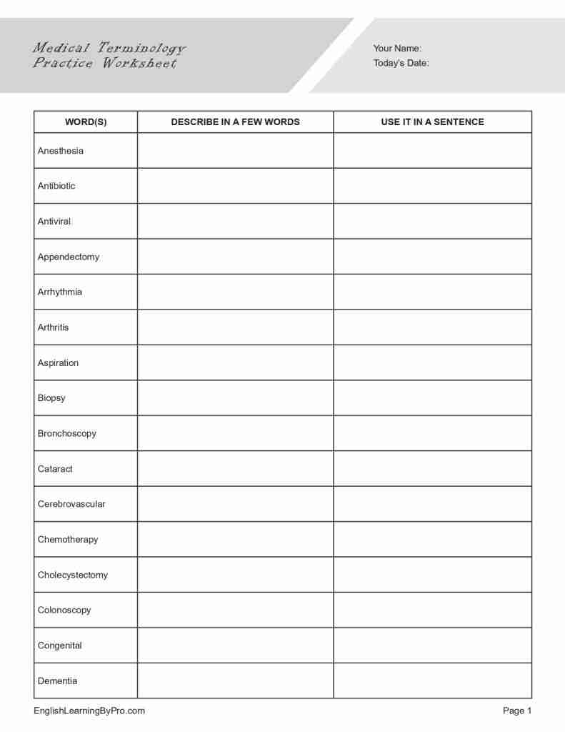 Free Printable Medical Terminology Worksheets Free Printable Medical Terminology Worksheets