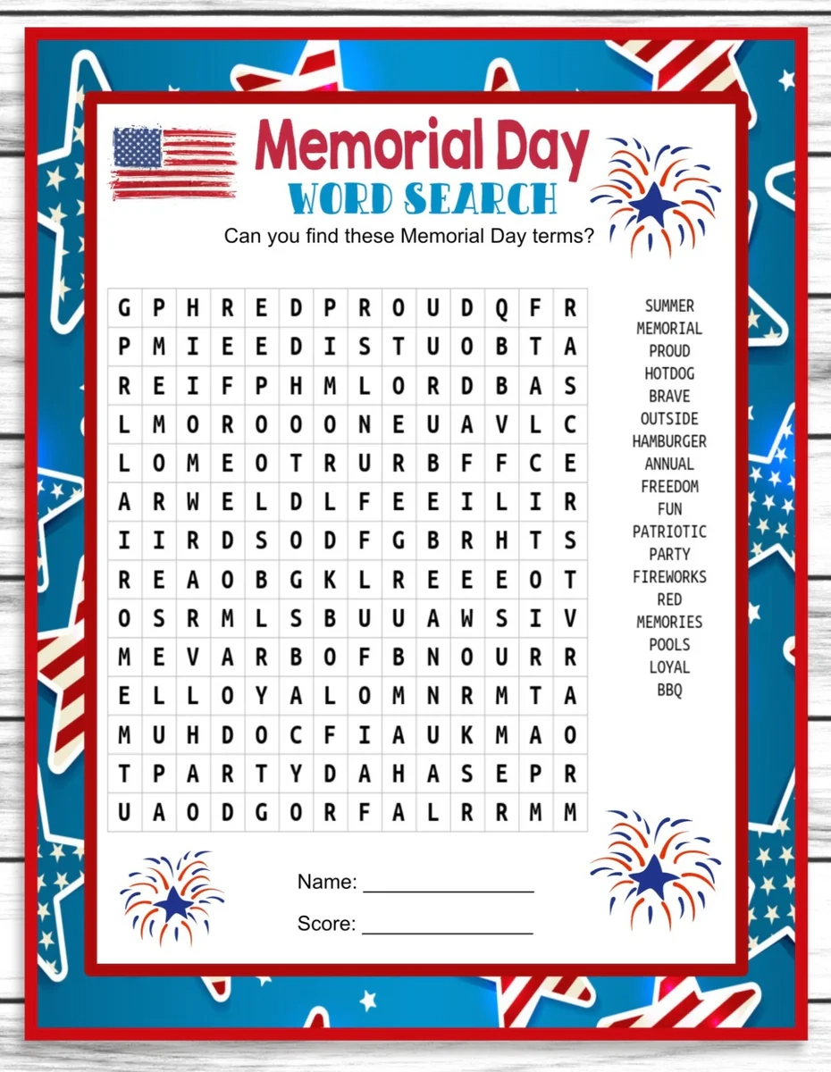 Memorial Day Word Search Game Printable Kids Activity Sheet 