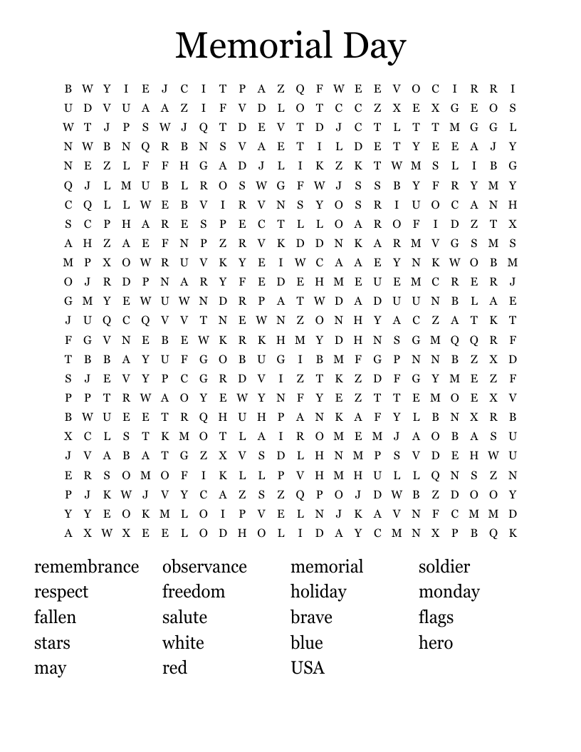 Memorial Day Word Search Printable