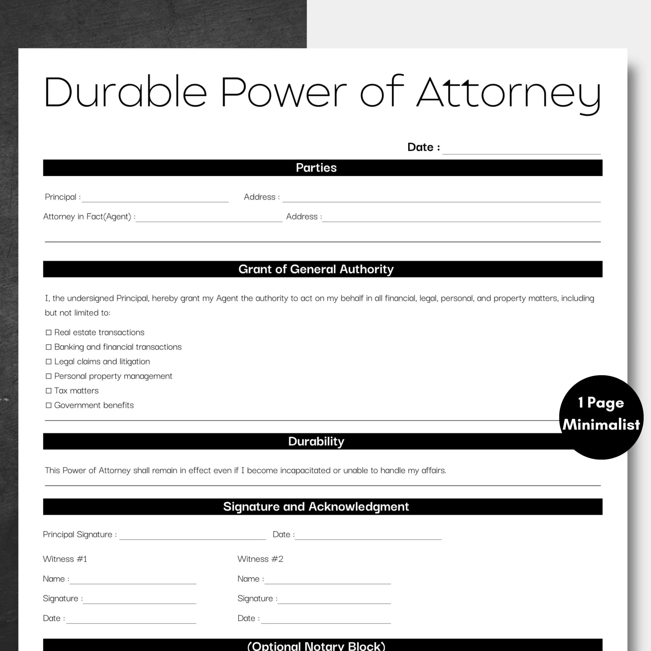 Minimalist Durable Power Of Attorney Black Simple Durable 