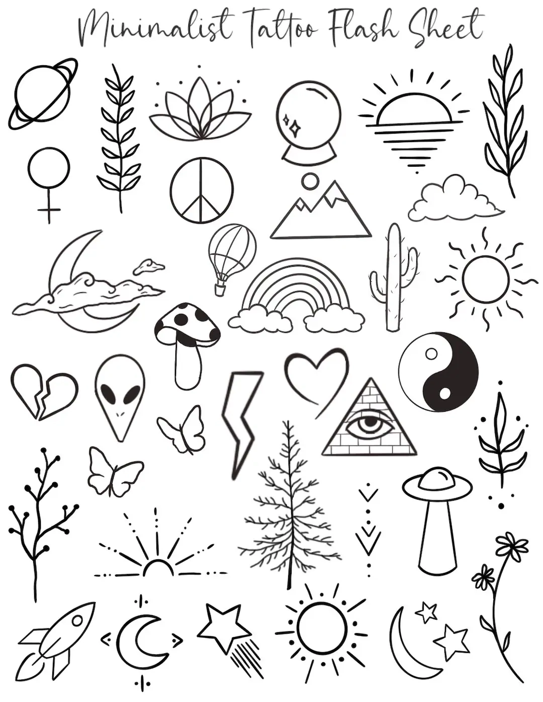 Minimalist Temporary Tattoo Flash Sheet Set Of 35 Small Tattoos 