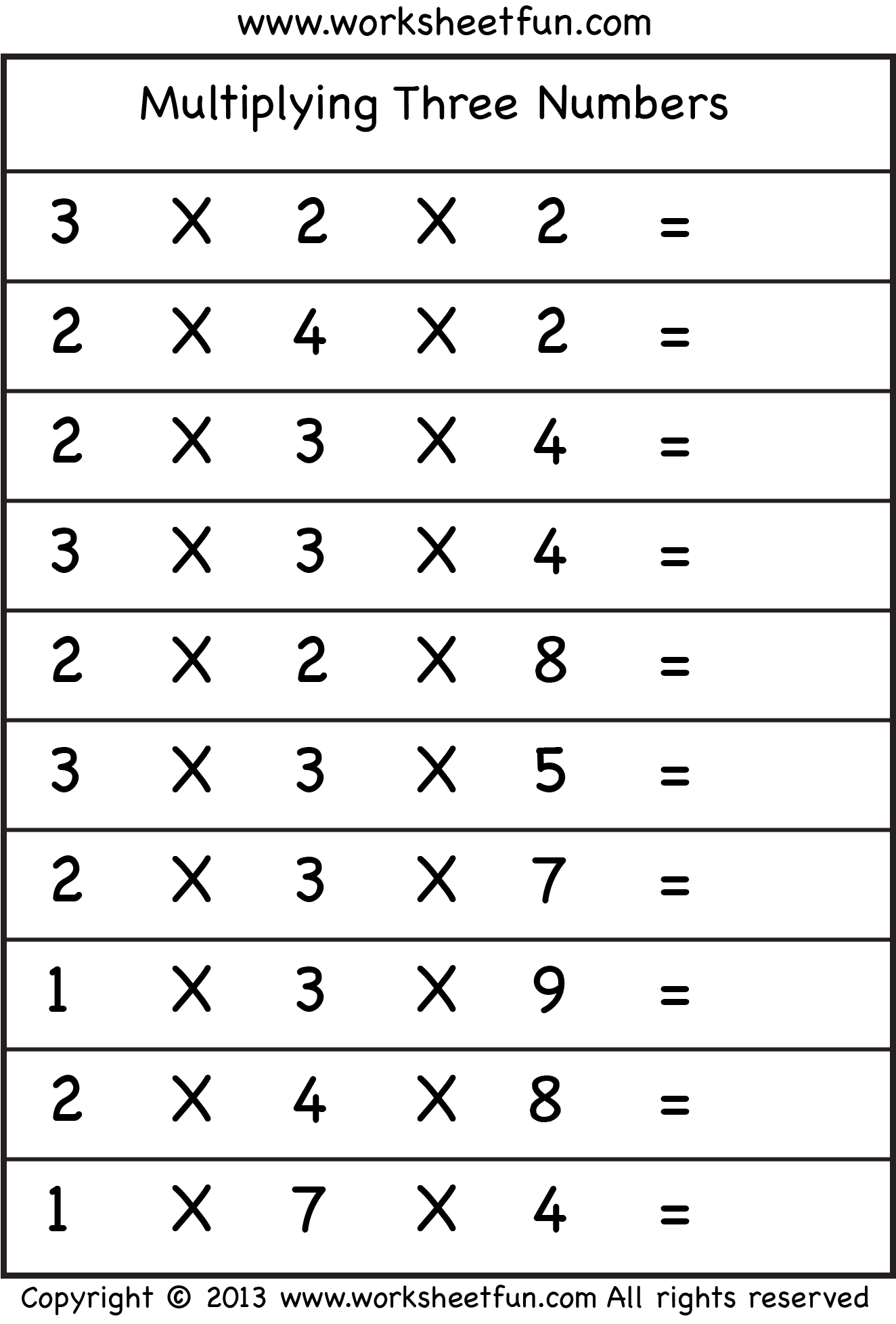 Multiplying 3 Numbers Three Worksheets FREE Printable 