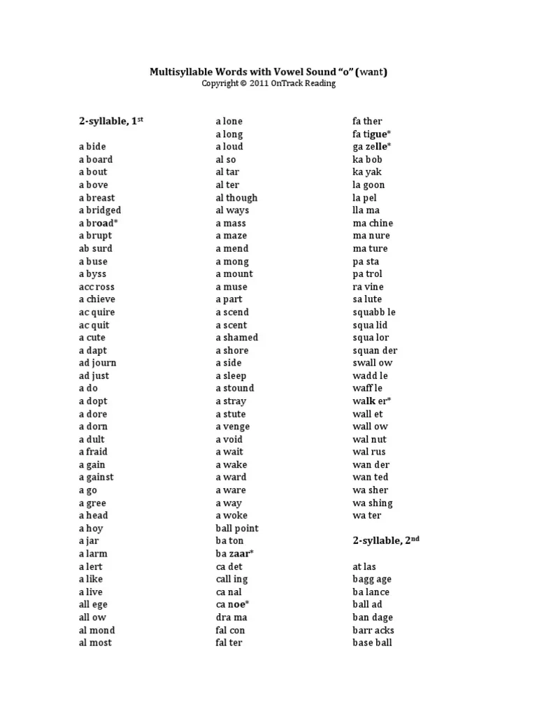 MultiSyllable O A PDF Syllable Vowel