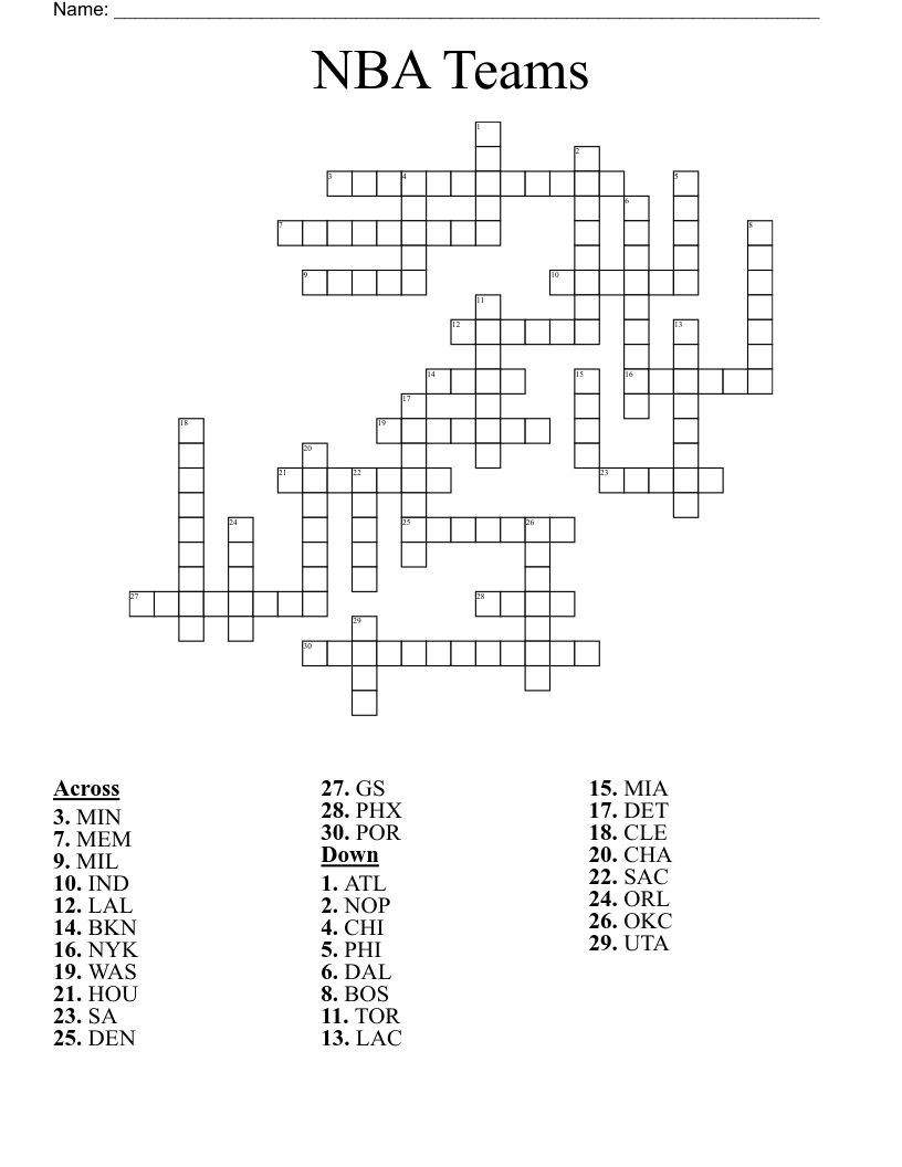 NBA Teams Crossword WordMint
