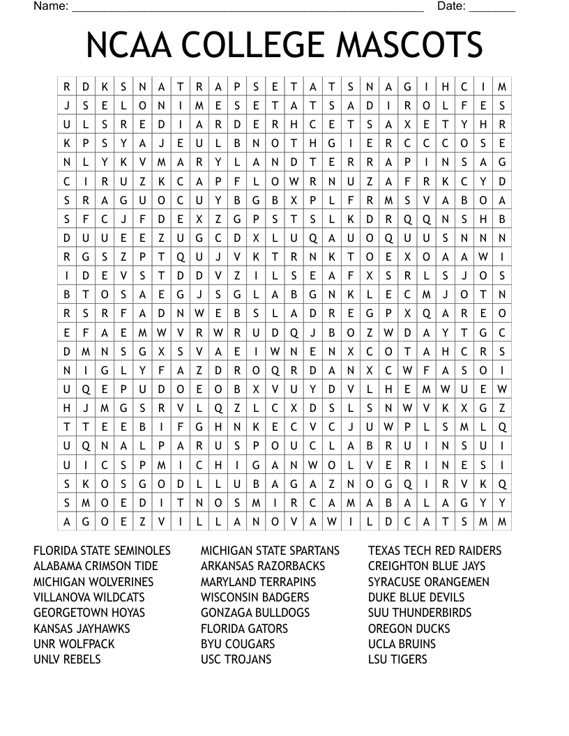 NCAA COLLEGE MASCOTS Word Search WordMint