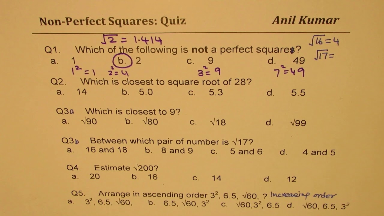 Non Perfect Squares Concept With Related Quiz