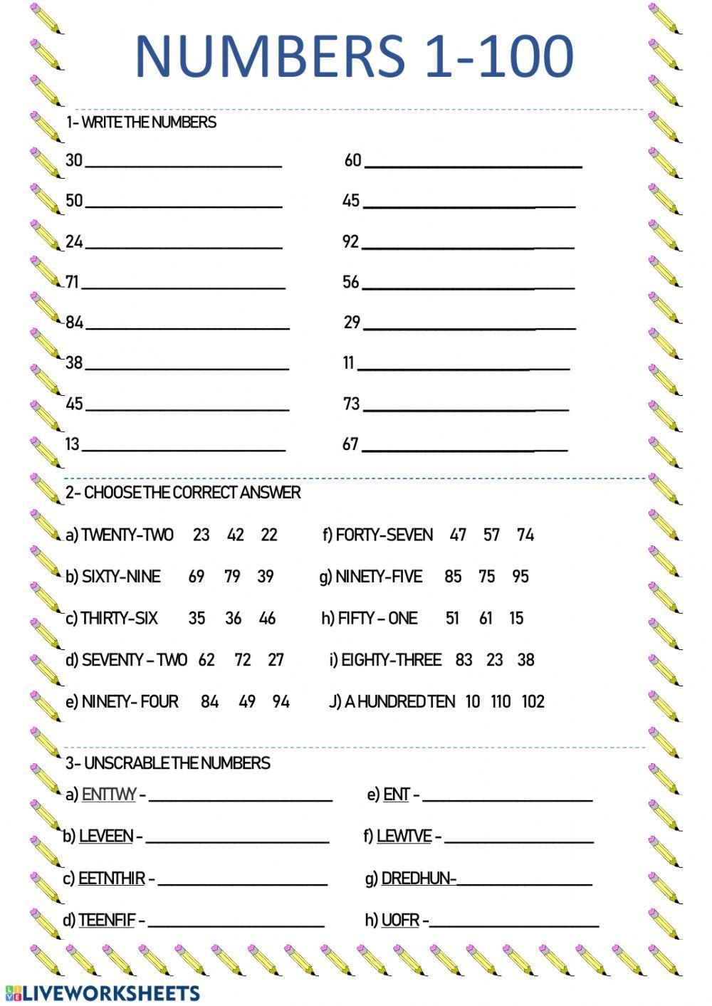 Numbers 1 To 100 Printable Worksheets