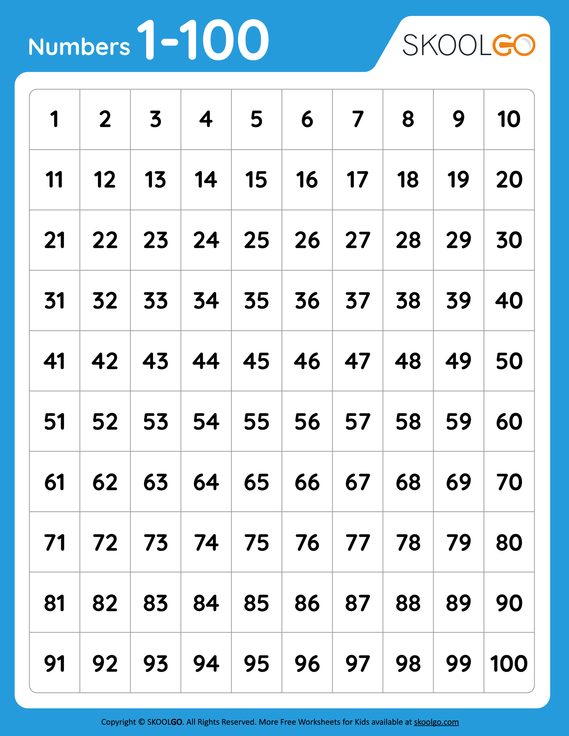 Numbers 1 To 100 Free Worksheet For Kids SKOOLGO