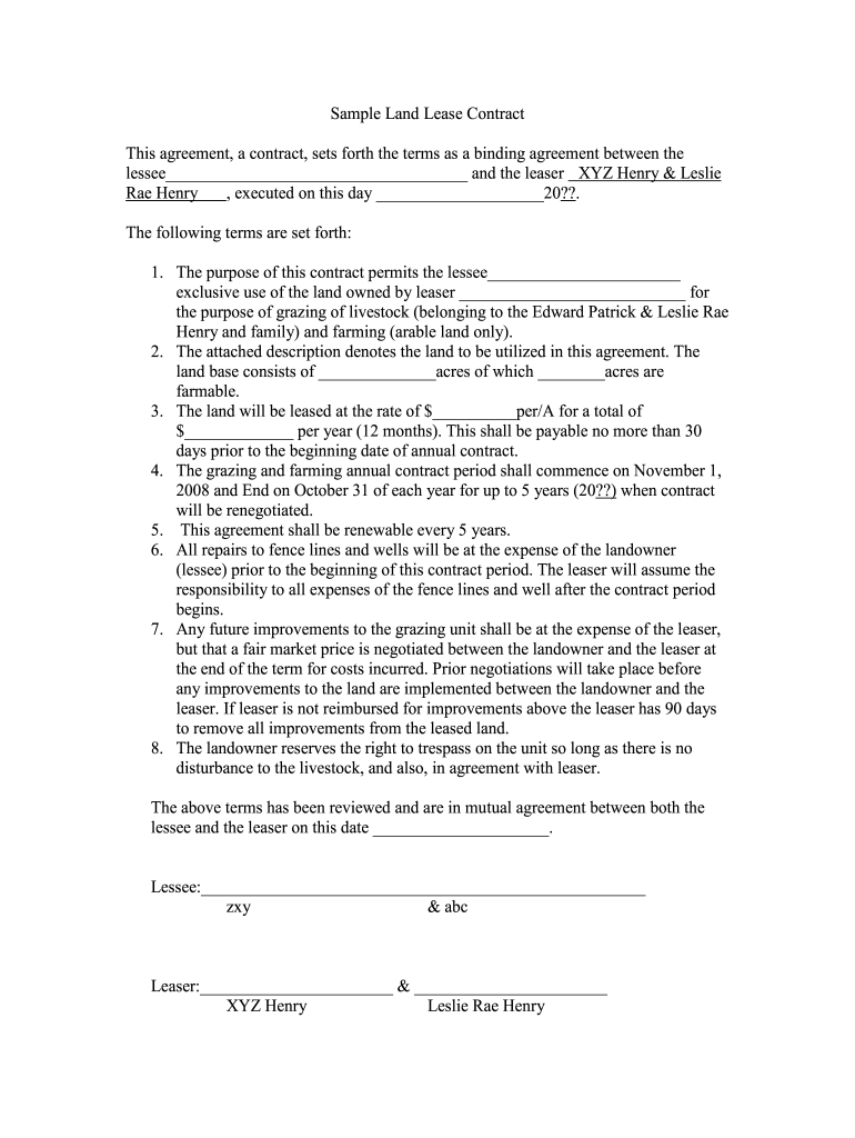 OLC Sample Land Lease Contract Form Fill Online Printable 