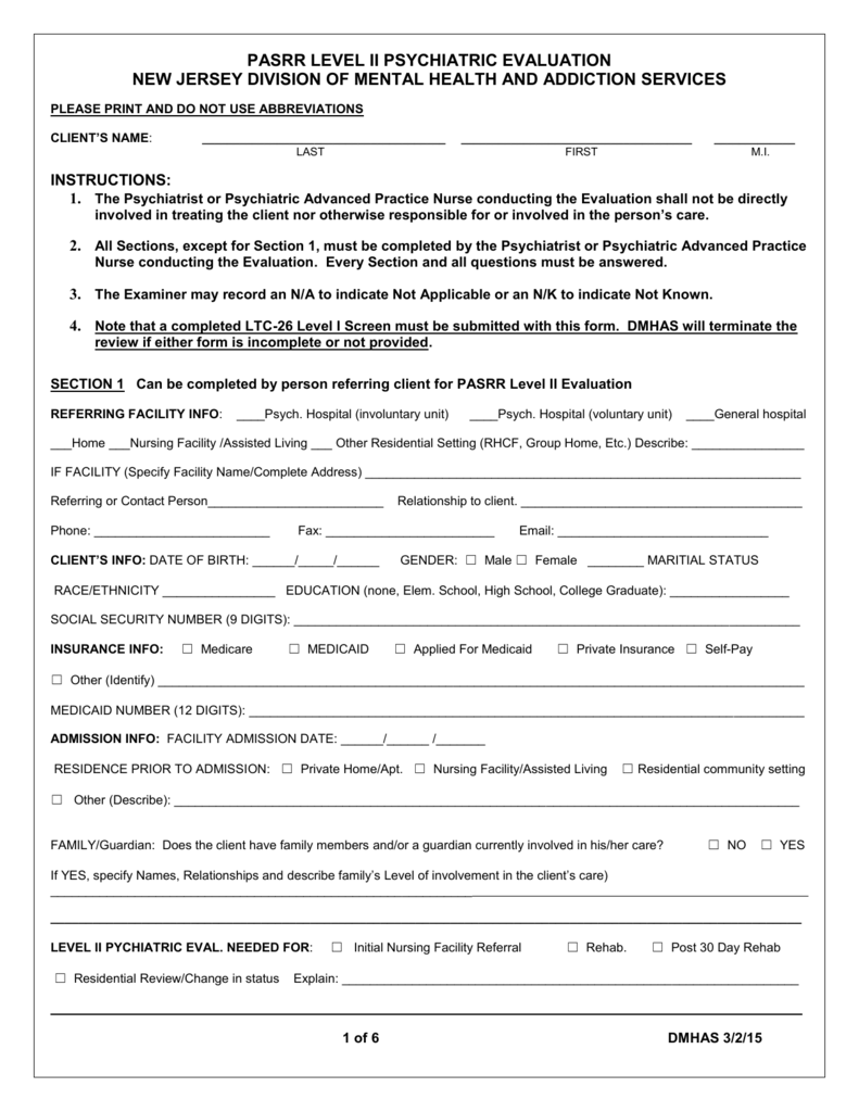 PASRR Level II Psychiatric Evaluation Form New Jersey