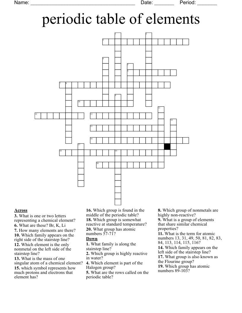 Periodic Table Of Elements Crossword WordMint
