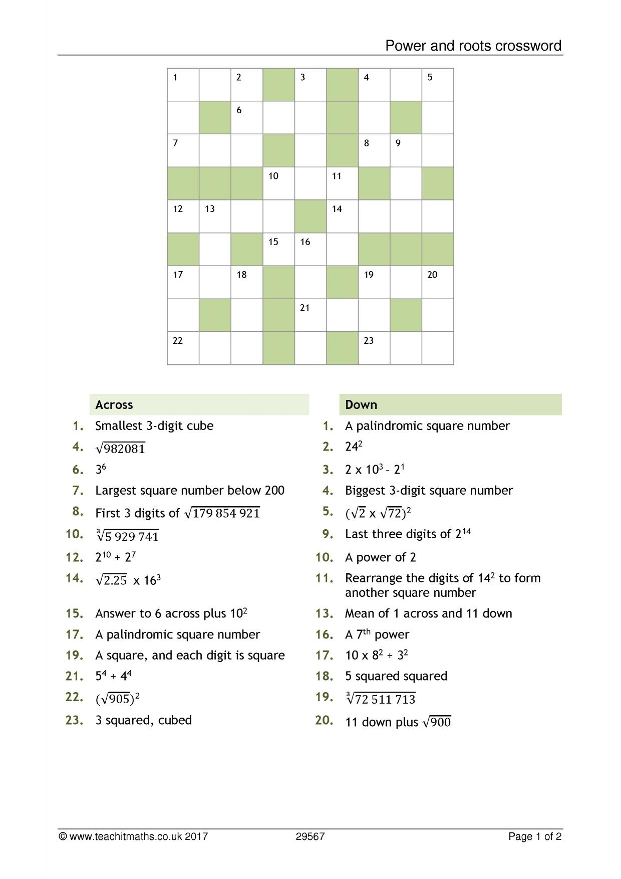 Power And Roots Crossnumber KS3 Maths Teachit