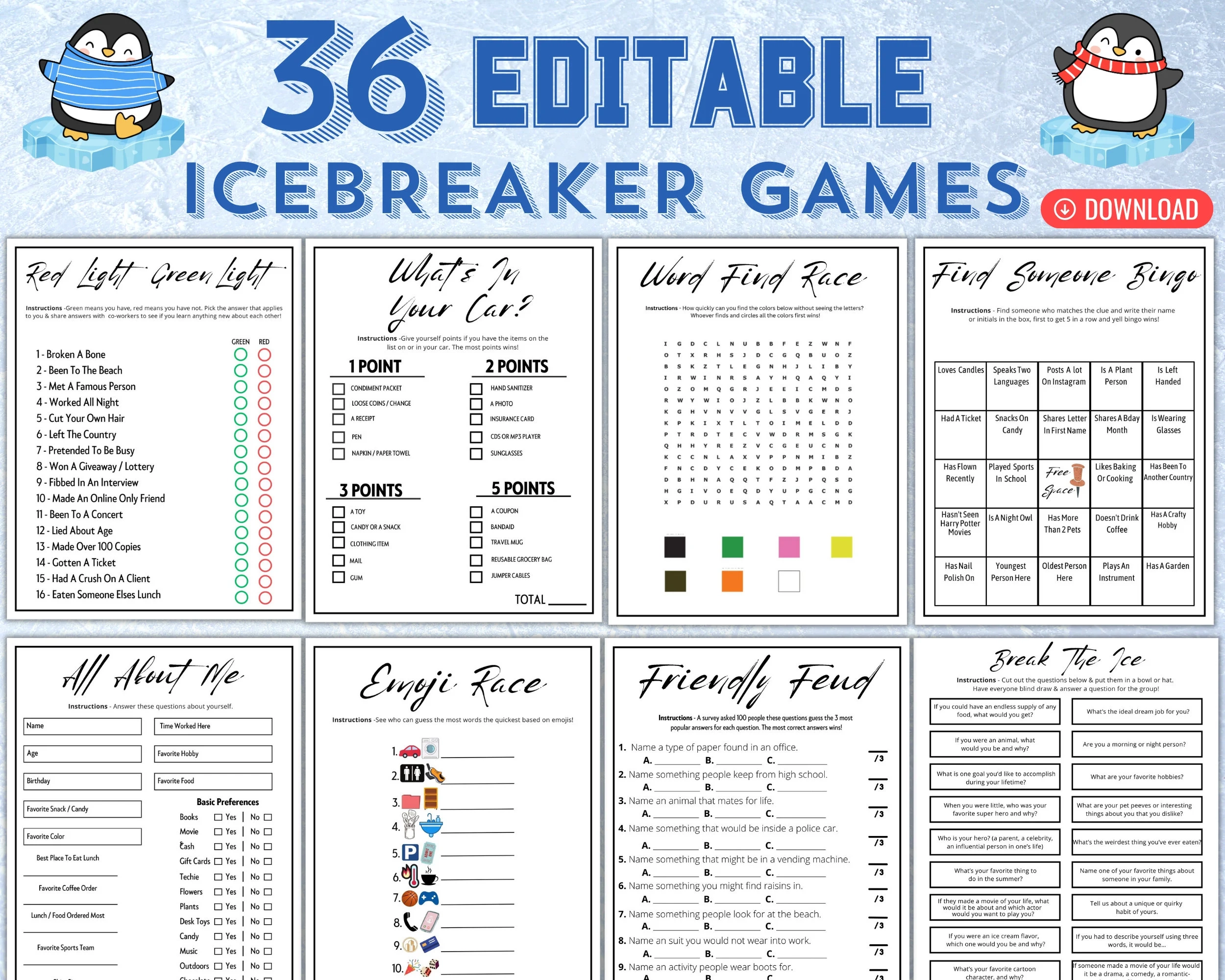 Printable Icebreaker Games Social Group Activities Editable 