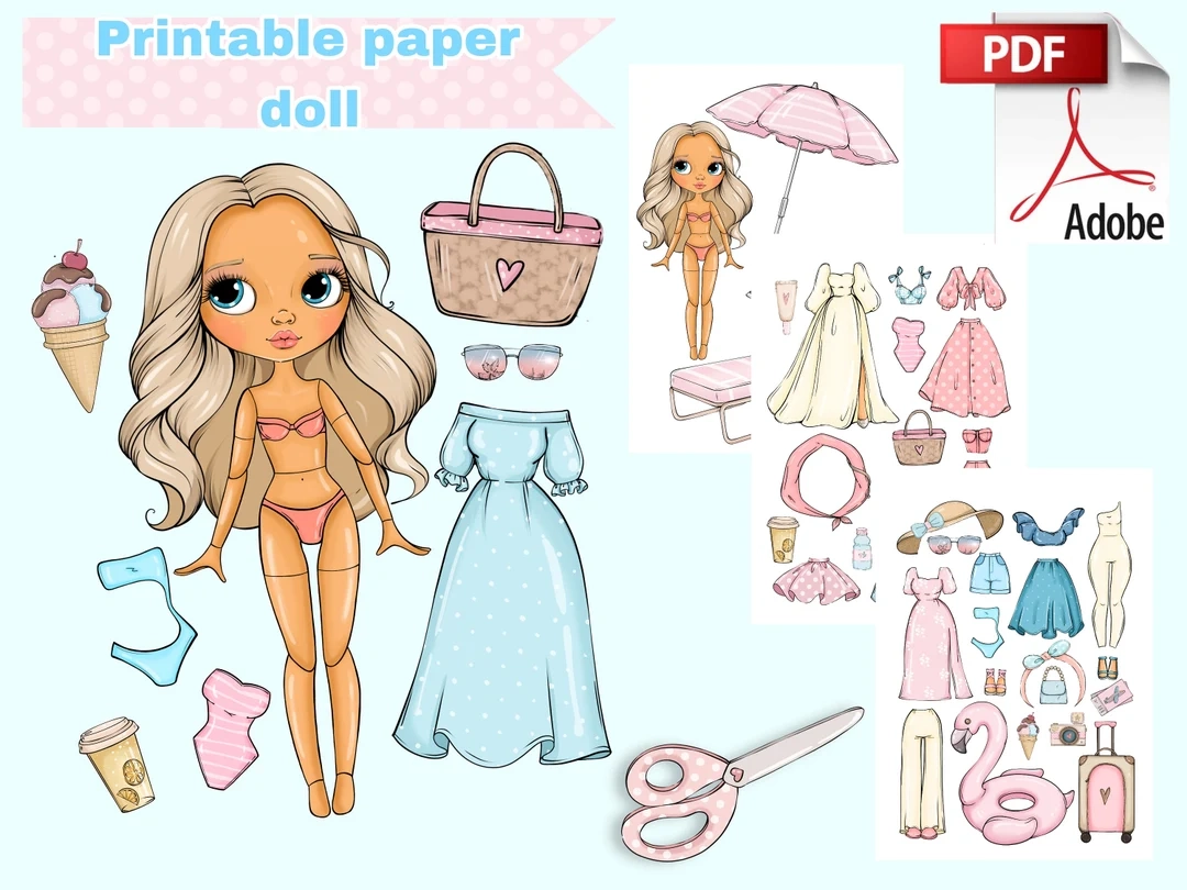 Printable Paper Doll Summer Blythe With Clothes Digital PDF 
