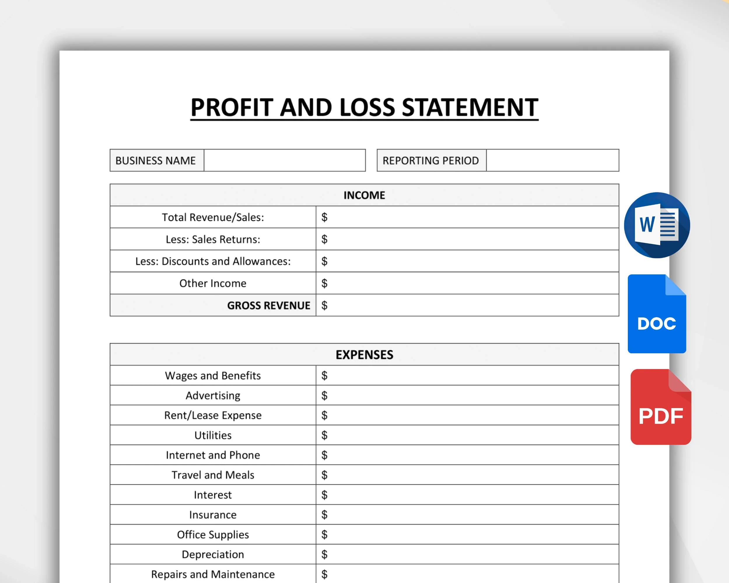 Printable Profit Loss Template
