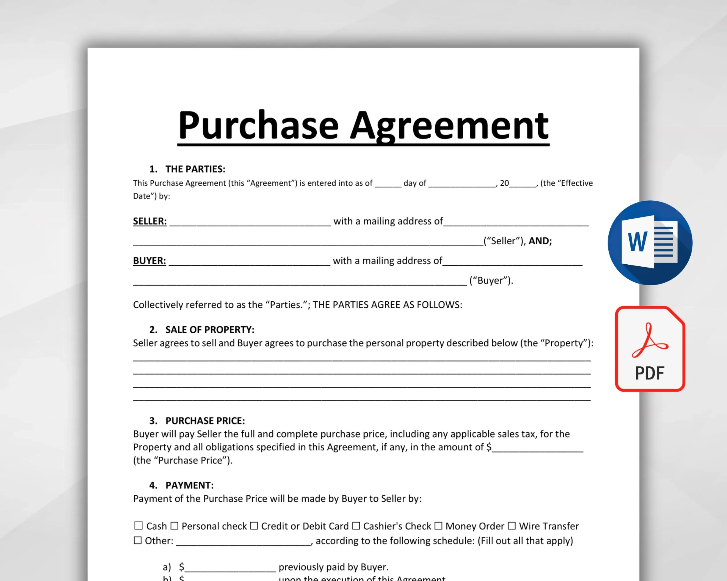 Printable Purchase Agreement Template Editable Purchase And Sale 
