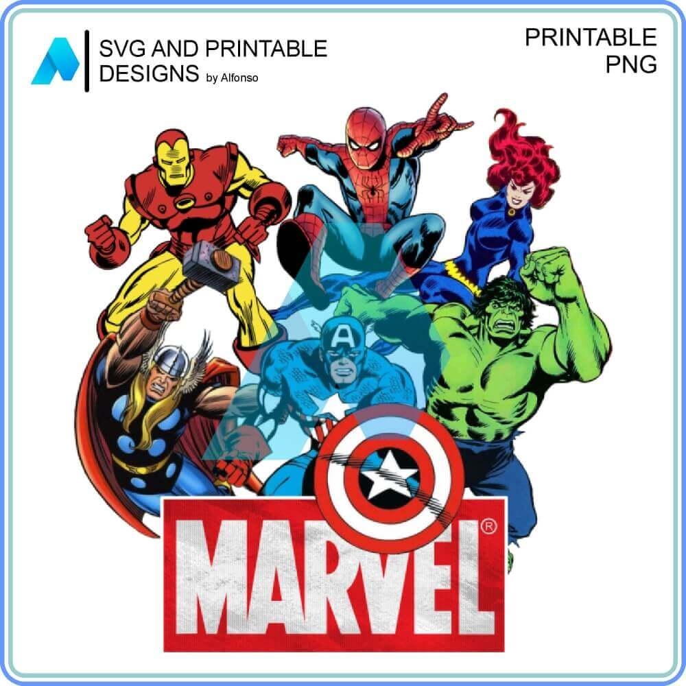 Printable Retro Comic Hero Vintage Design Marvel Avengers Team PNG 